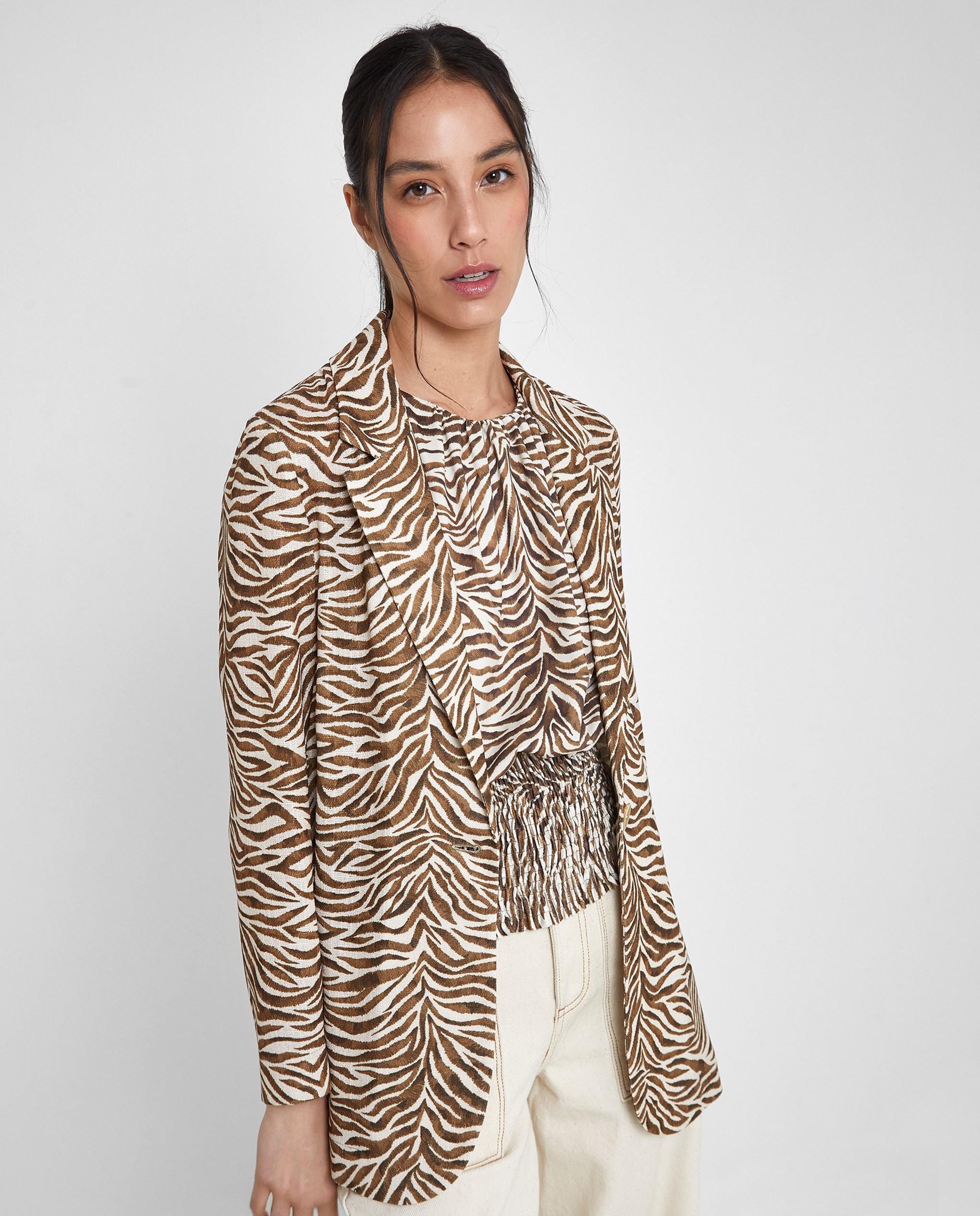 Blazer de mujer con cuello solapa y estampado - Trucco - Marrón / Blanco roto Marrón / Blanco roto-5