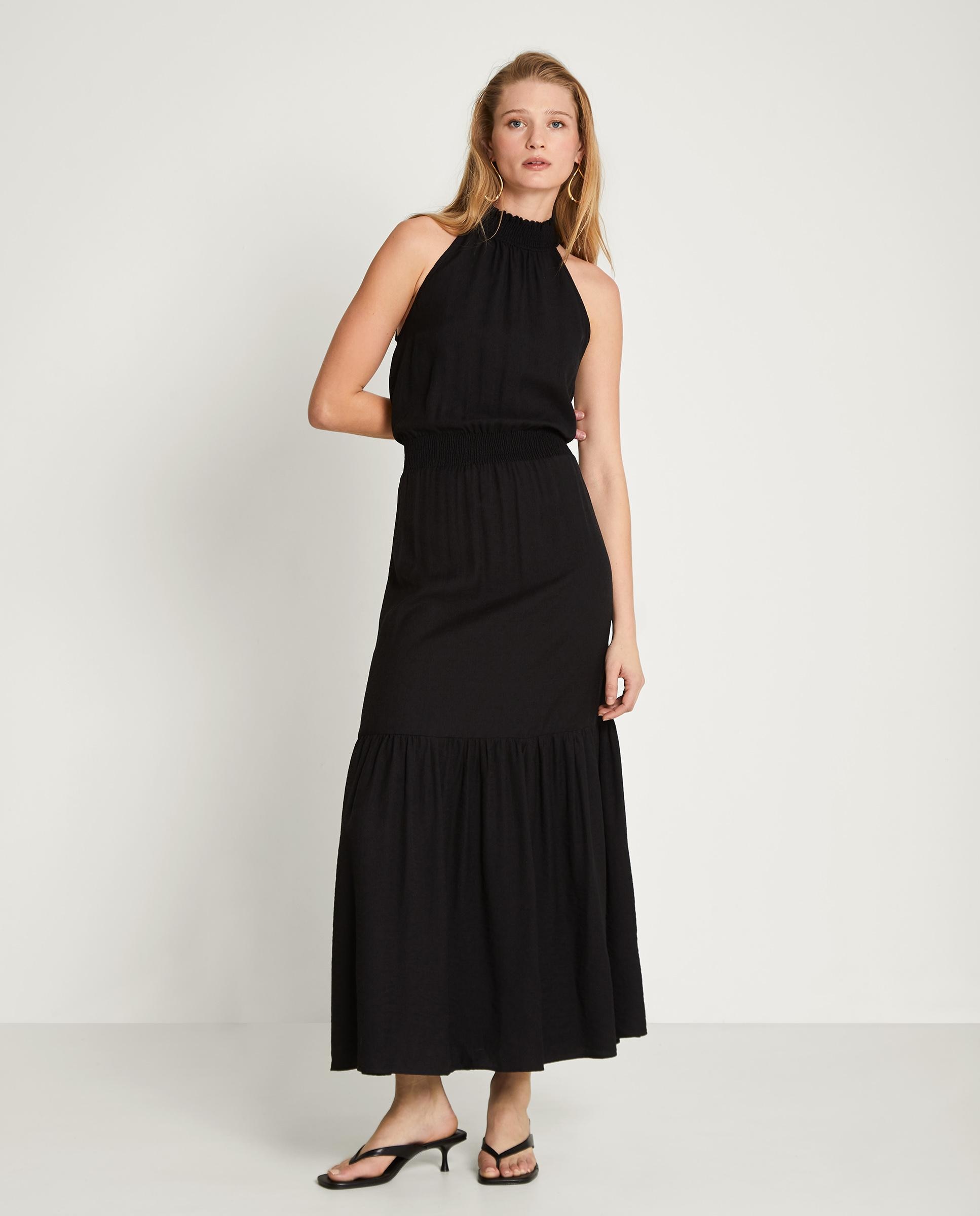 Vestido largo de cuello halter con fruncido - Trucco - Negro Negro-1