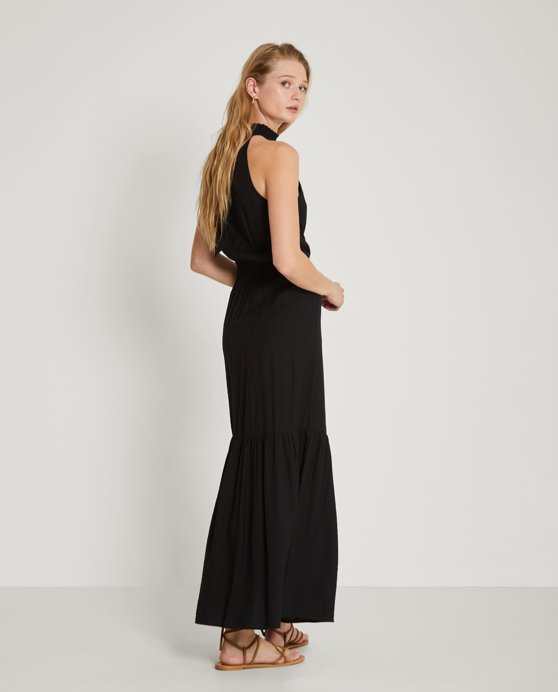 Vestido largo de cuello halter con fruncido - Trucco - Negro Negro-2