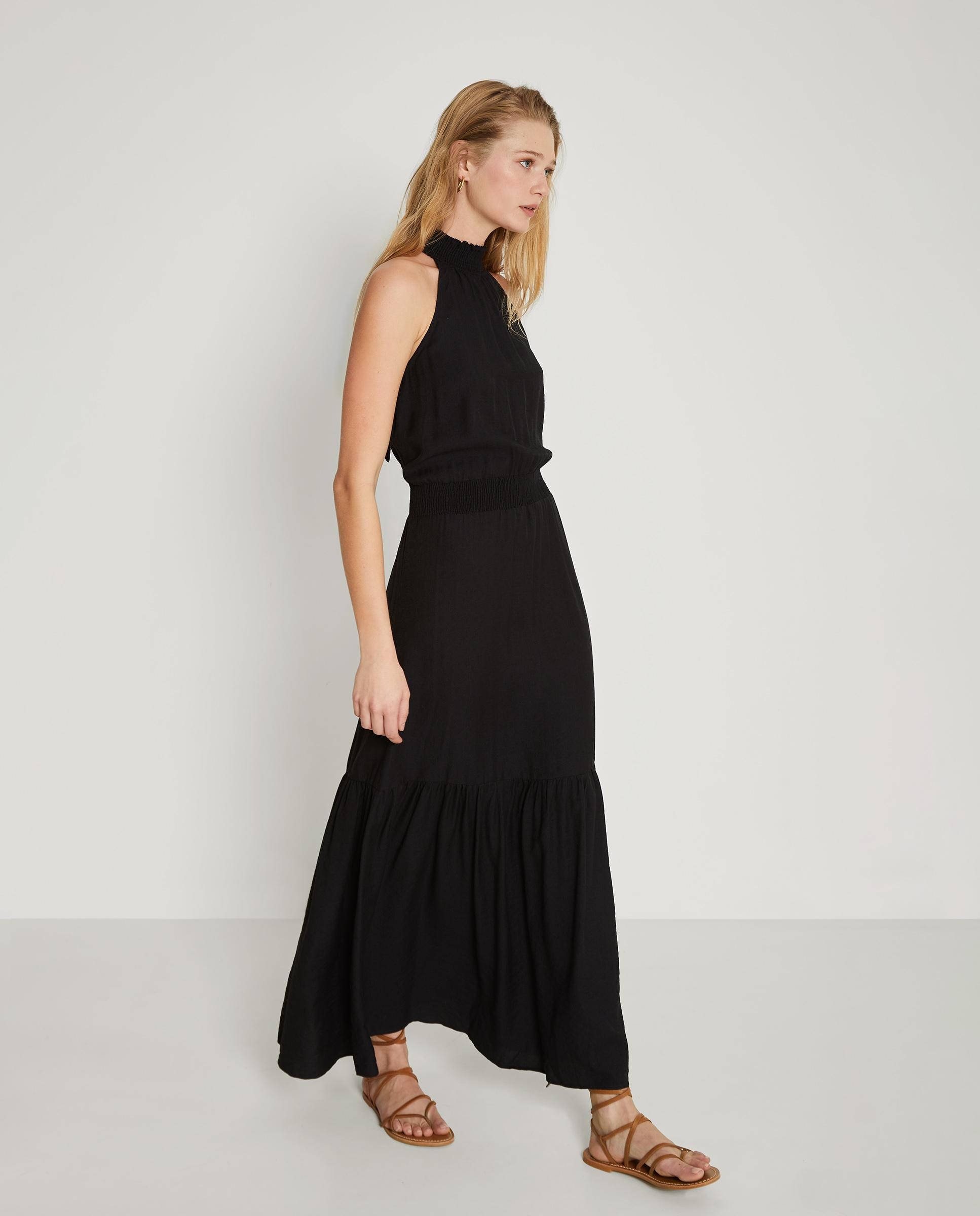 Vestido largo de cuello halter con fruncido - Trucco - Negro Negro-3