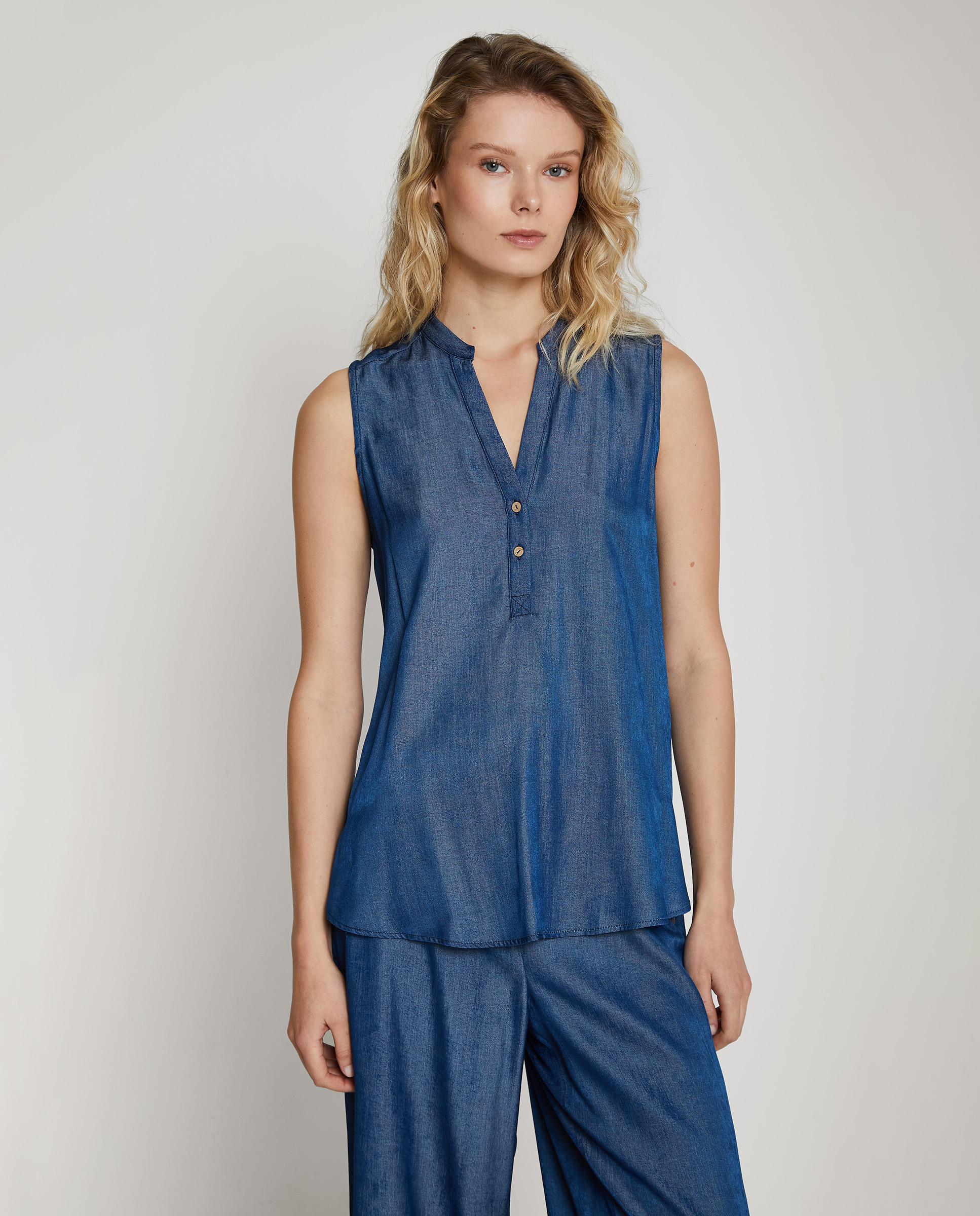 Blusa de mujer sin mangas con cuello mao - Trucco - Azul denim Azul denim-1