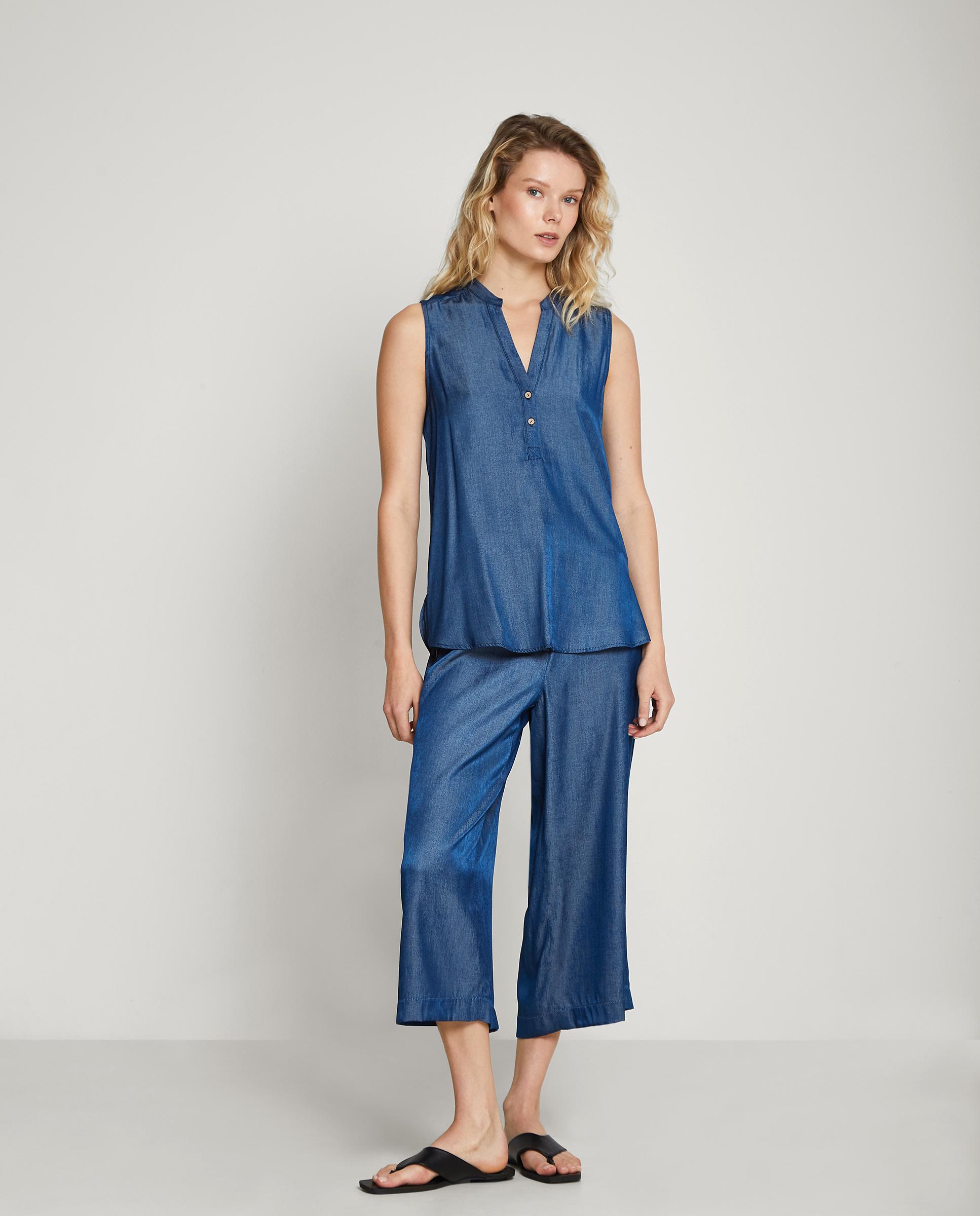 Blusa de mujer sin mangas con cuello mao - Trucco - Azul denim Azul denim-3