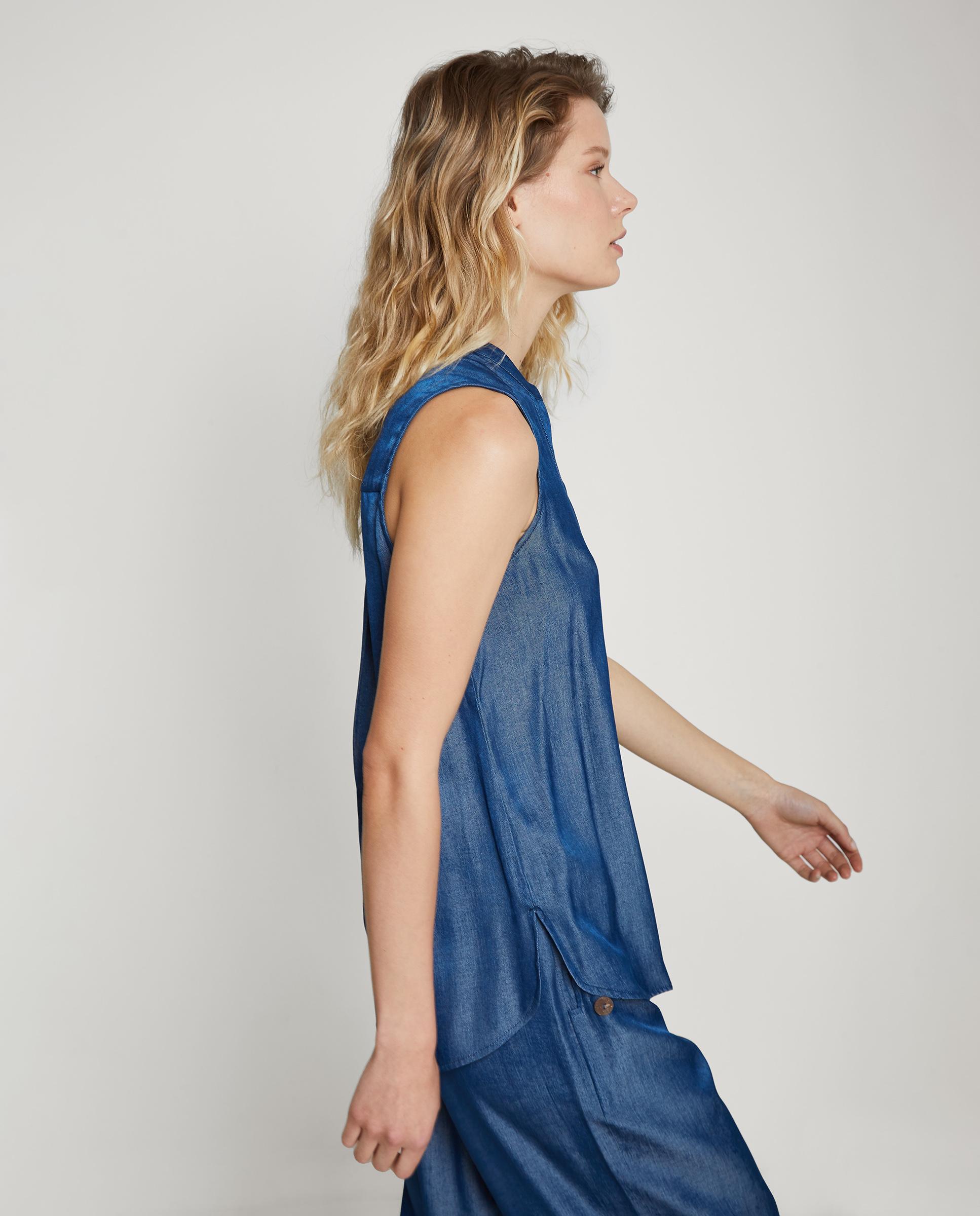 Blusa de mujer sin mangas con cuello mao - Trucco - Azul denim Azul denim-4