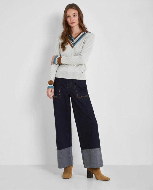 Imagen 0 de Pantalón ancho de mujer de algodón con contrate en el bajo