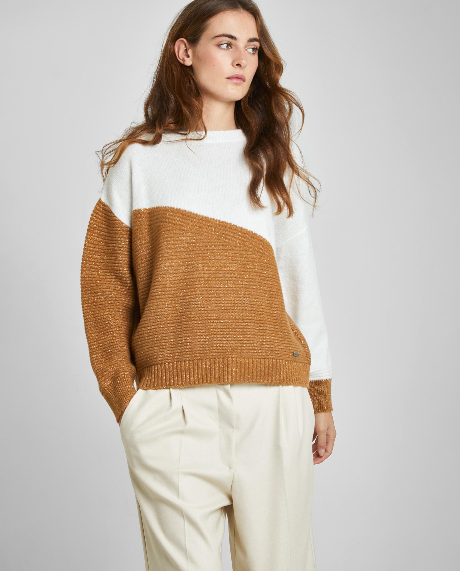 Jersey de mujer bicolor con manga abombada - Trucco - Marrón / Blanco roto Marrón / Blanco roto-1