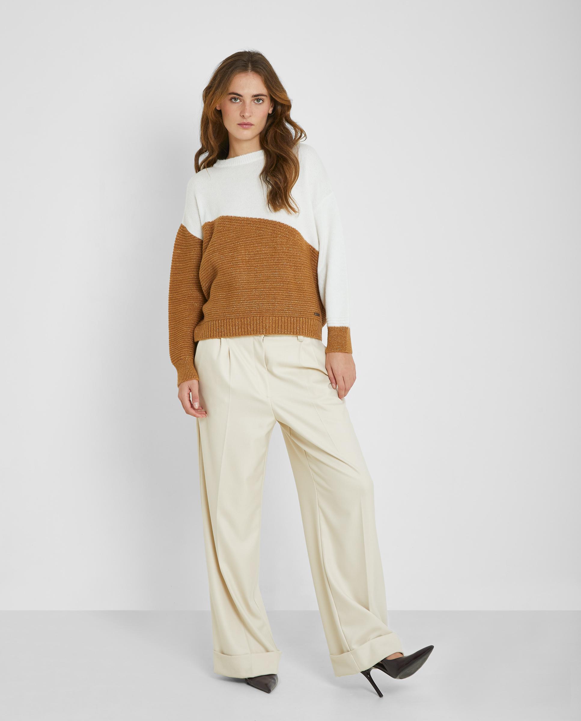 Jersey de mujer bicolor con manga abombada - Trucco - Marrón / Blanco roto Marrón / Blanco roto-3
