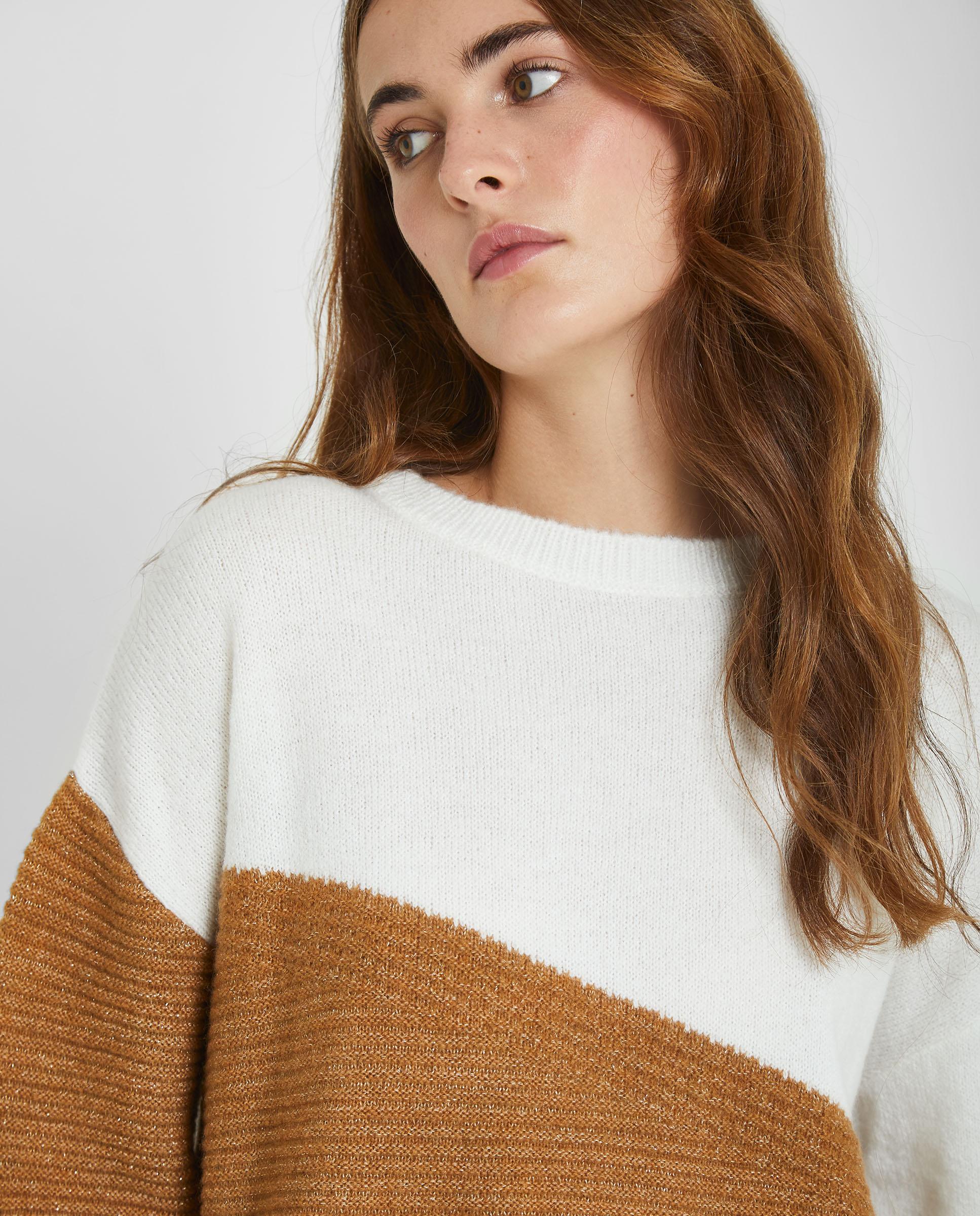 Jersey de mujer bicolor con manga abombada - Trucco - Marrón / Blanco roto Marrón / Blanco roto-4