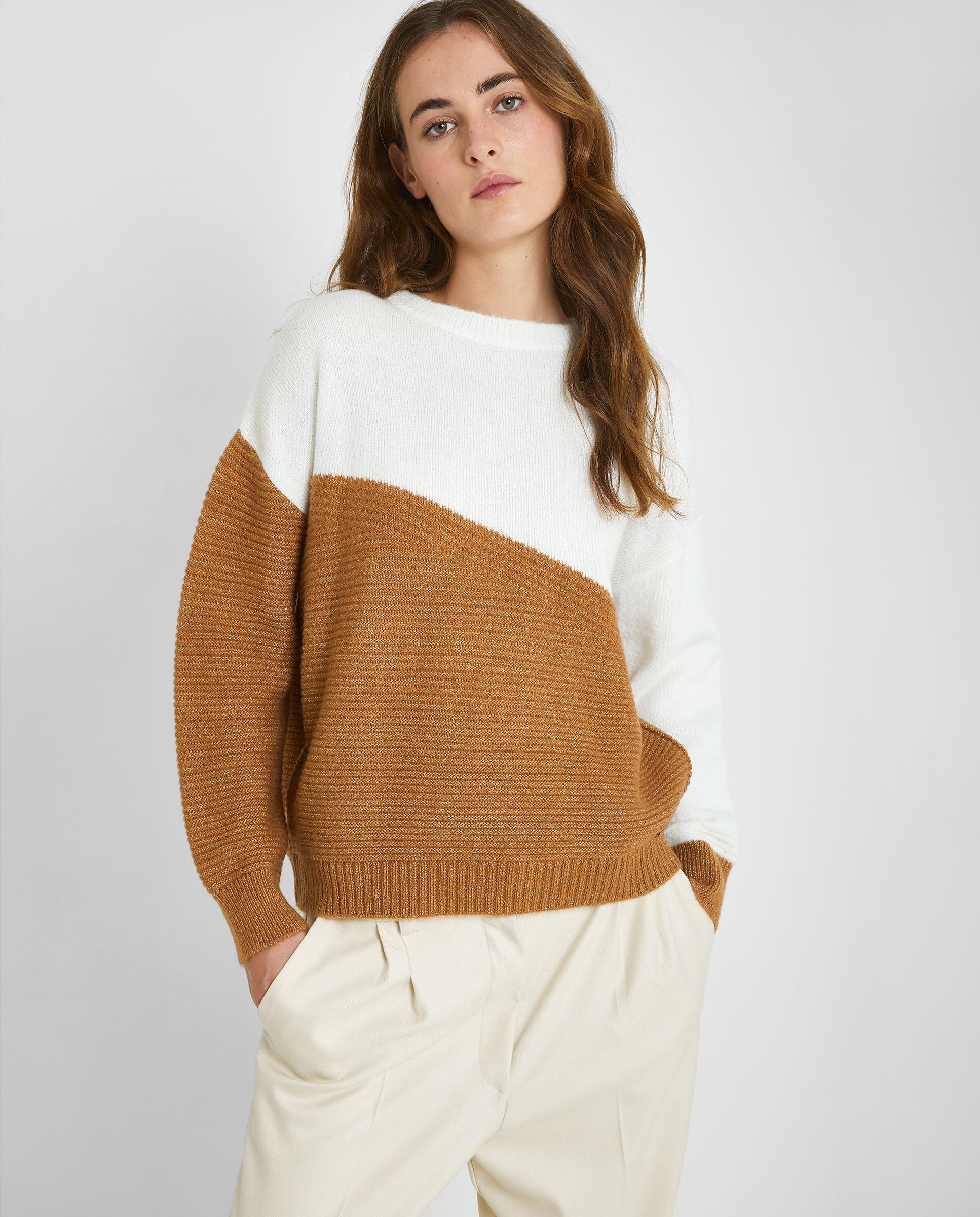 Jersey de mujer bicolor con manga abombada - Trucco - Marrón / Blanco roto Marrón / Blanco roto-5