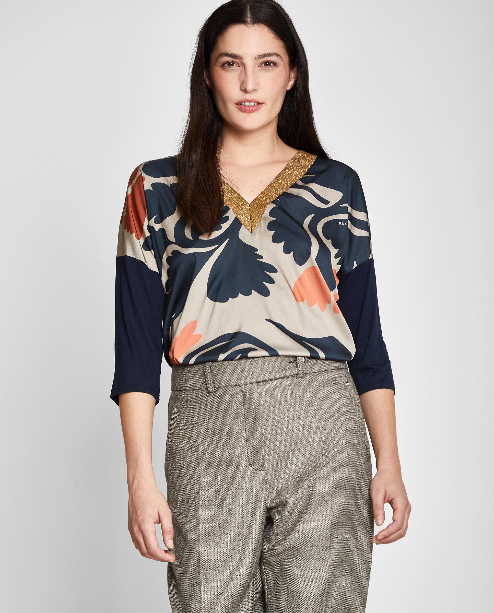 Camiseta de mujer con estampado y cuello pico - Trucco - Azul marino / Naranja Azul marino / Naranja-1