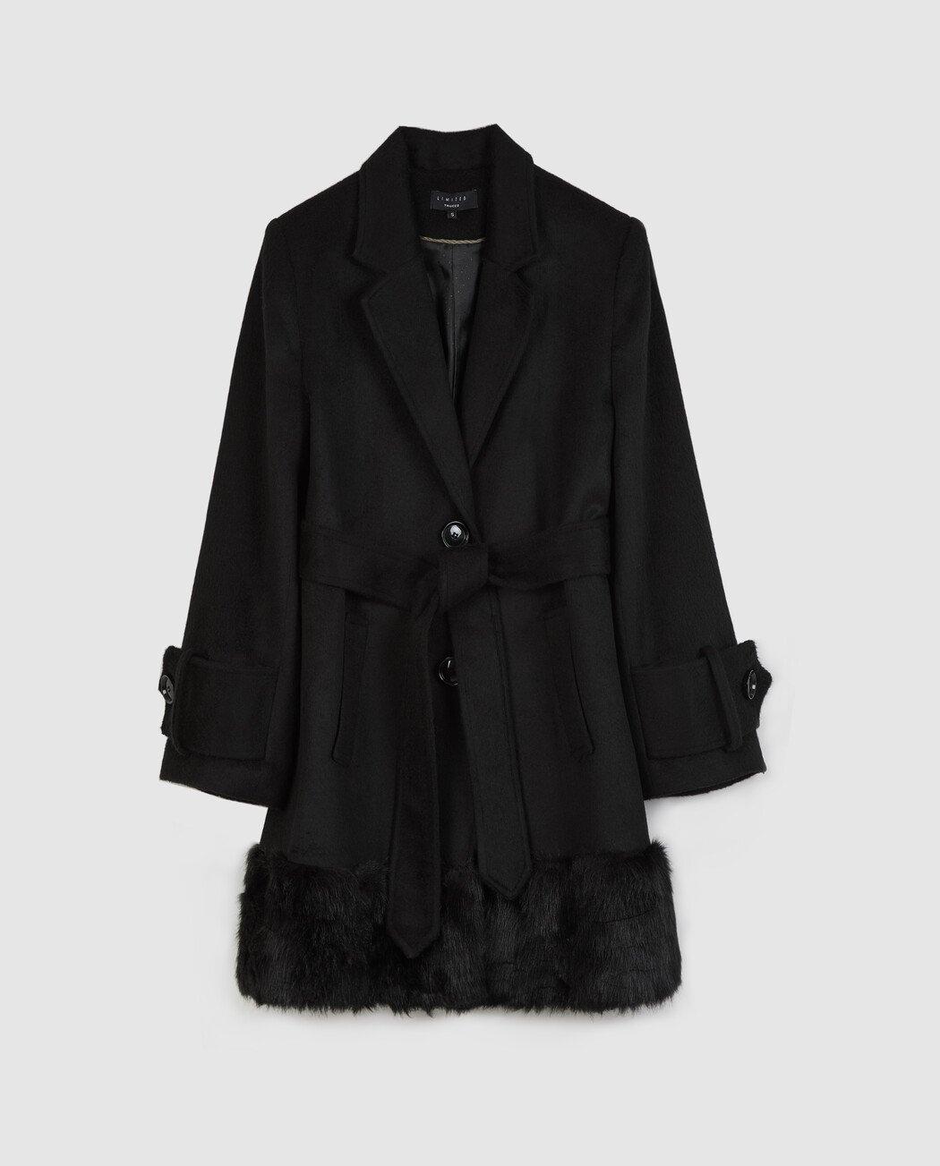 Abrigo de paño de mujer combinado con pelo en el bajo - Trucco - Negro Negro-6