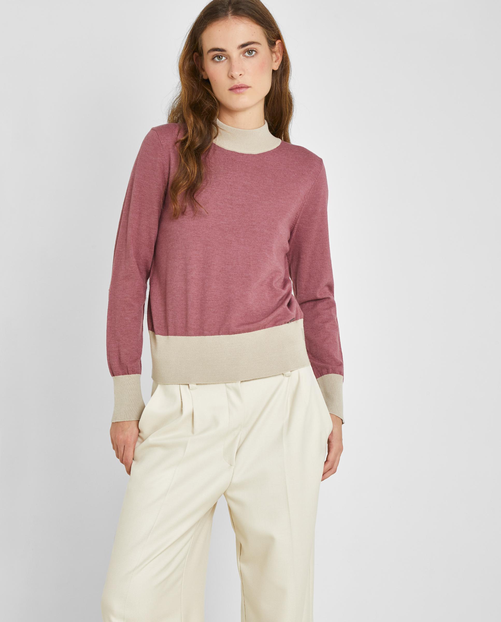 Jersey de mujer bicolor con cuello perkins - Trucco - Blanco / Burdeos Blanco / Burdeos-1