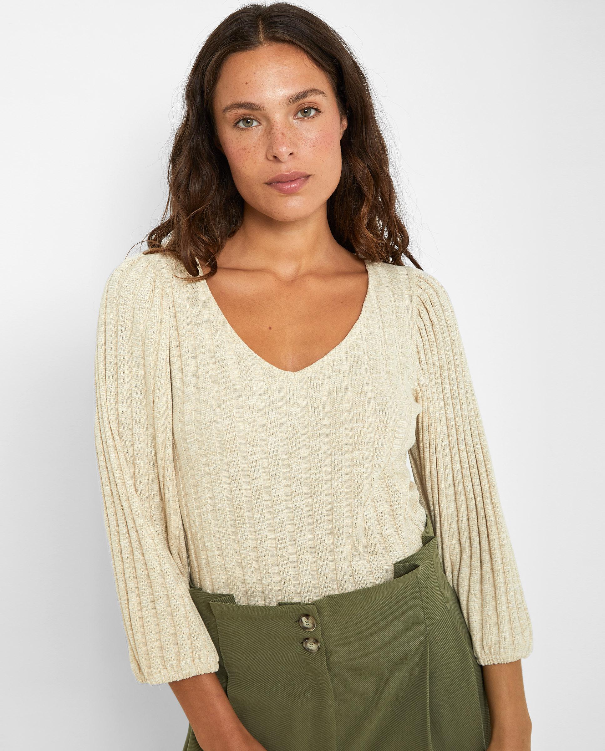 Camiseta de mujer de punto canalé con cuello en pico - Trucco - Crema Crema-4