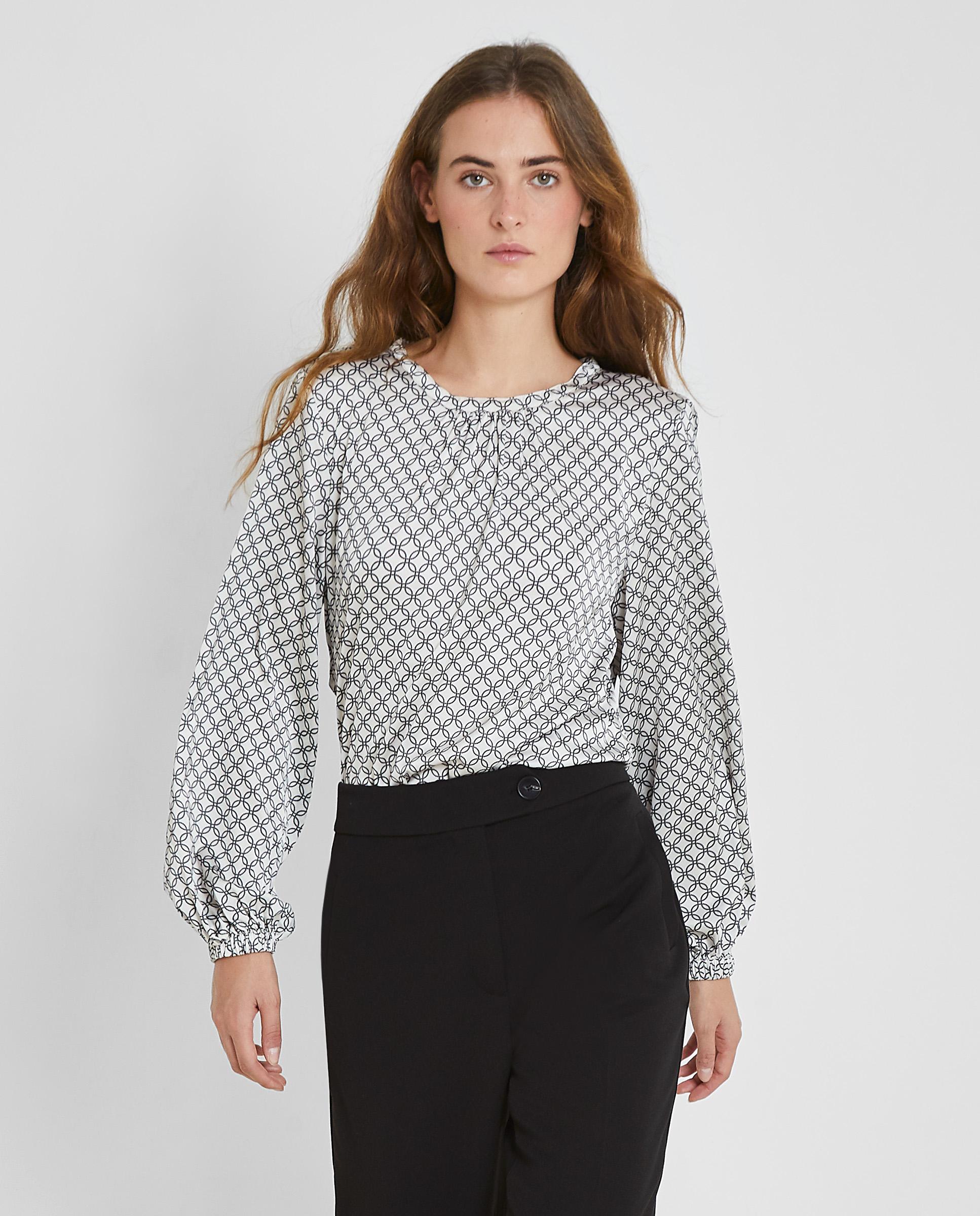 Blusa de mujer satinada con cuello redondo - Trucco - Blanco / Negro Blanco / Negro-1
