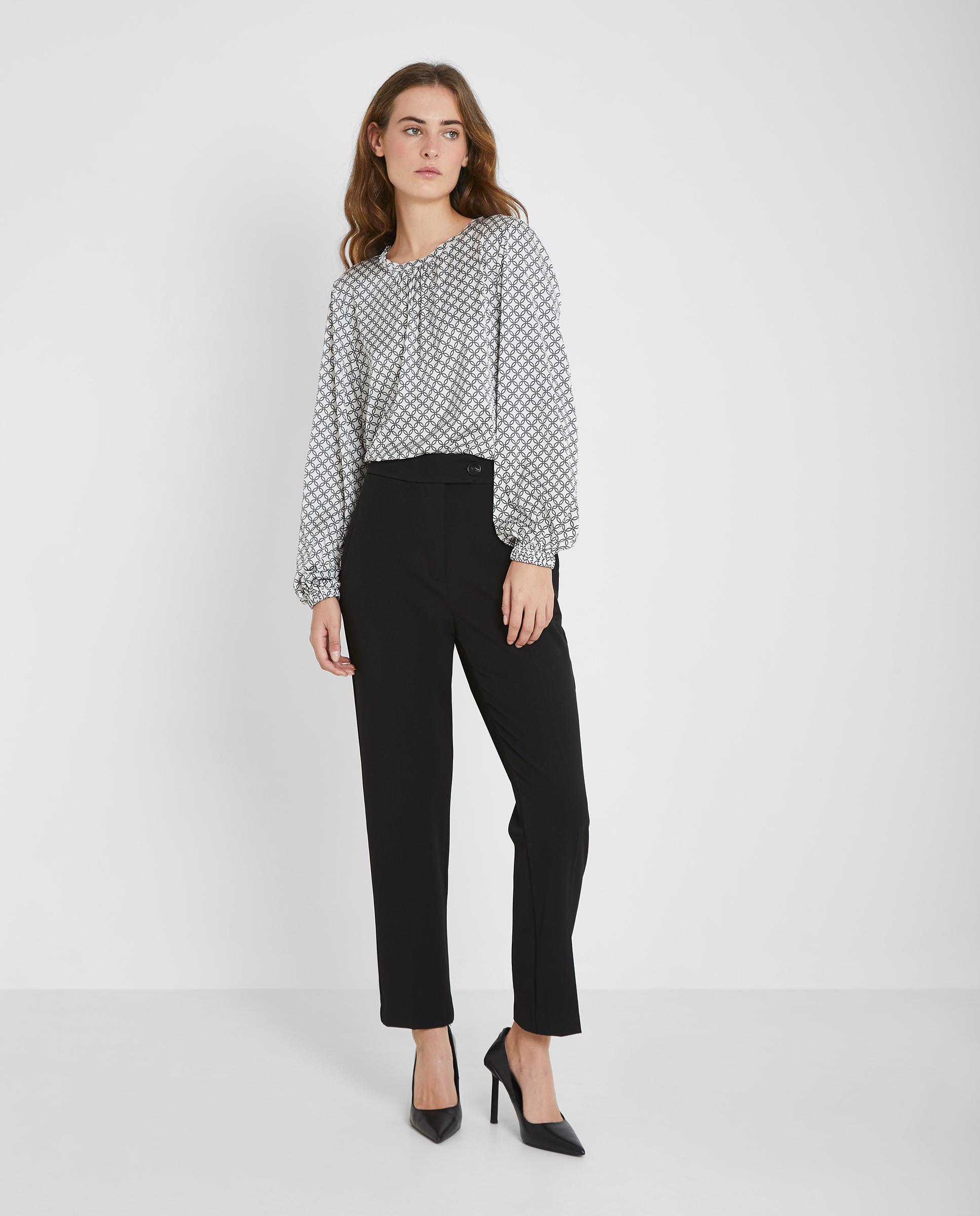 Blusa de mujer satinada con cuello redondo - Trucco - Blanco / Negro Blanco / Negro-3