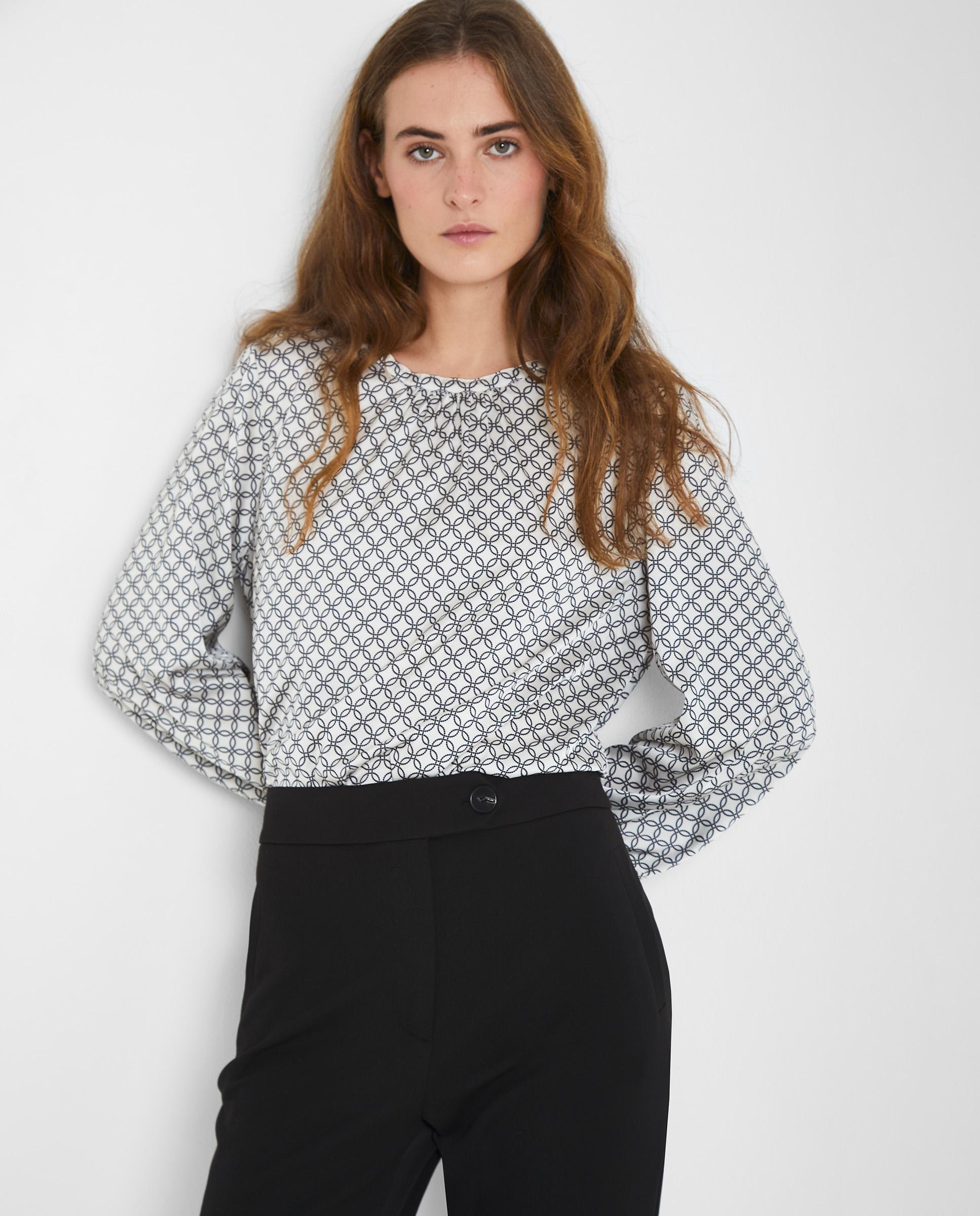 Blusa de mujer satinada con cuello redondo - Trucco - Blanco / Negro Blanco / Negro-4