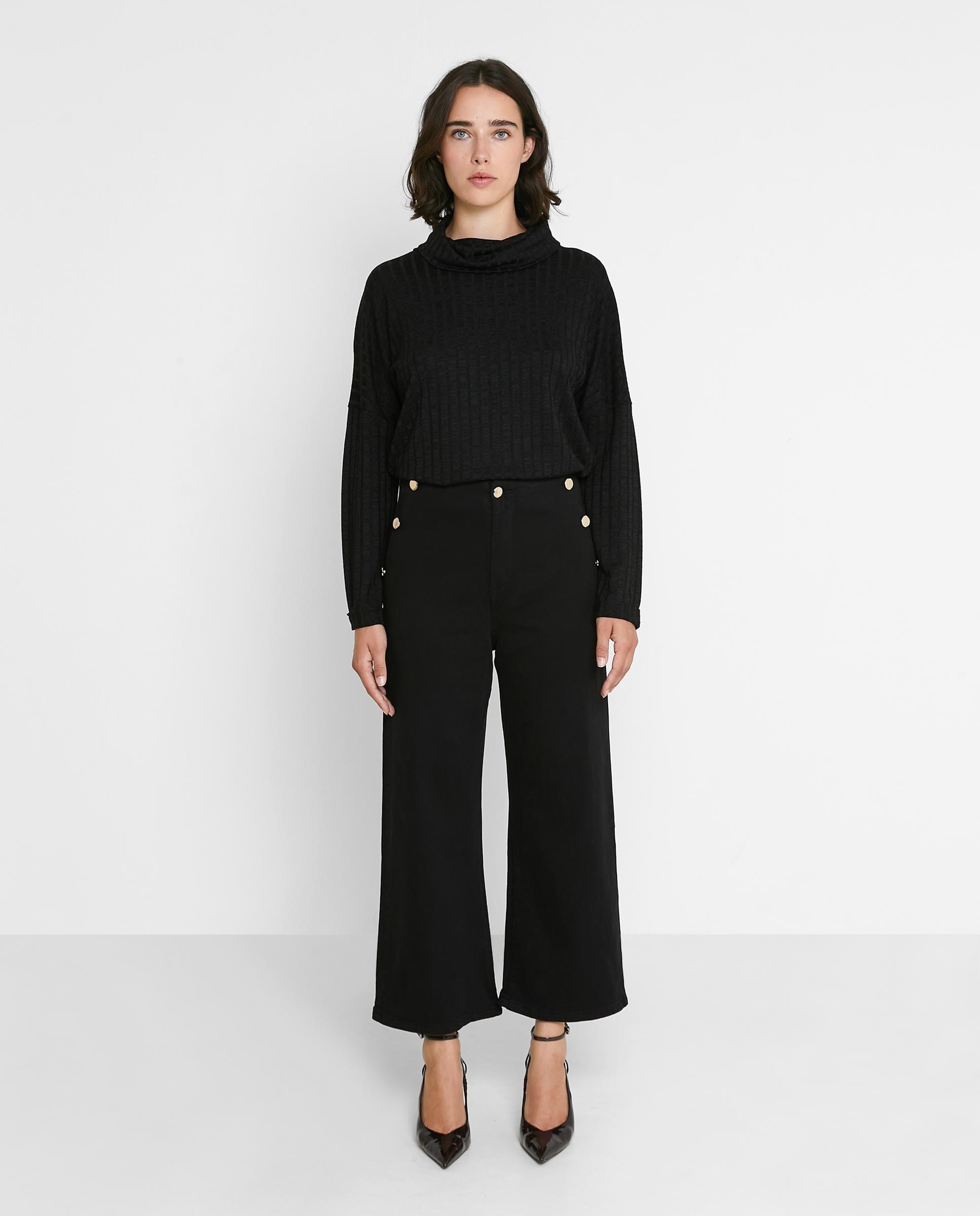 Camiseta de mujer en punto de canalé con cuello perkins - Trucco - Negro Negro-1