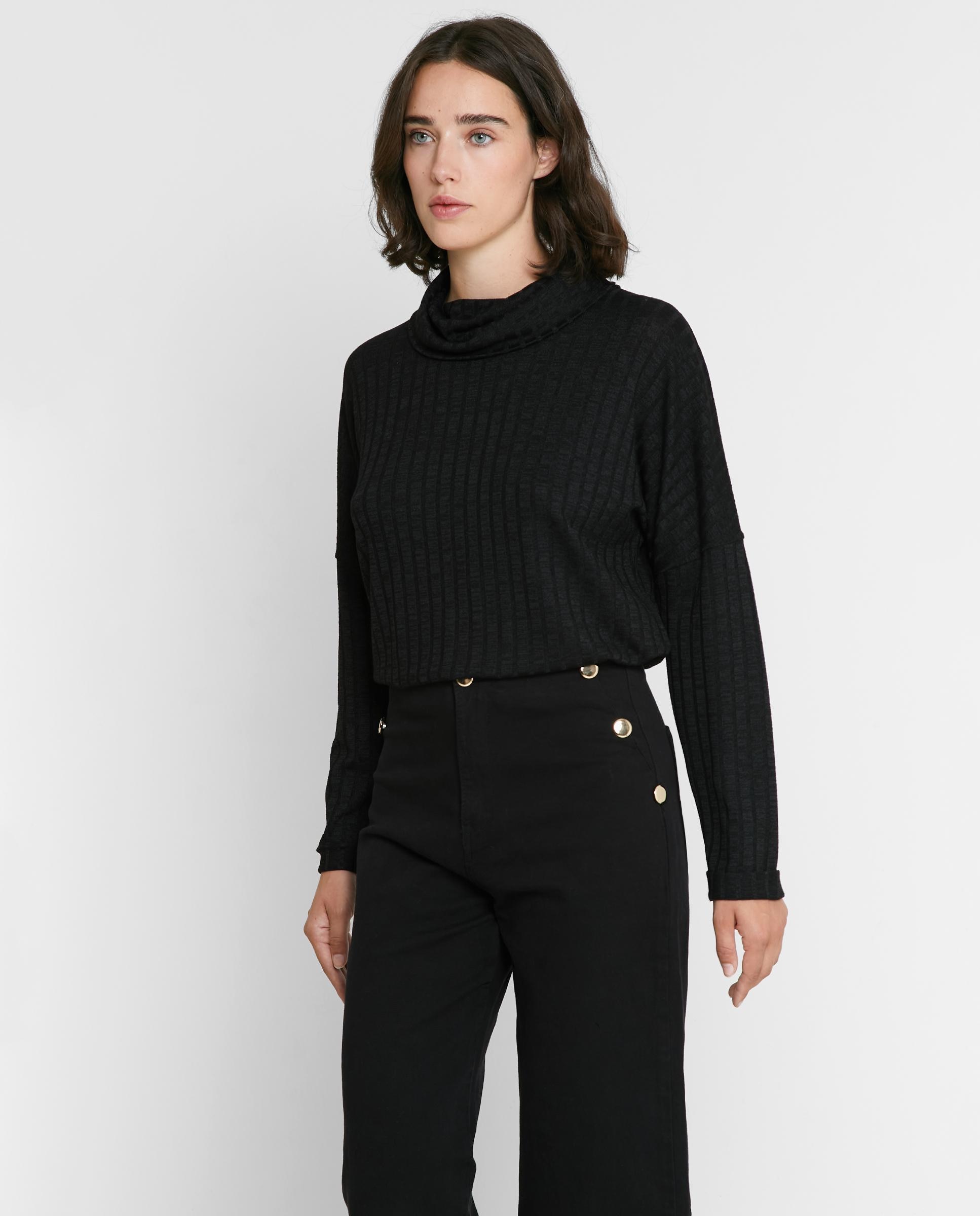 Camiseta de mujer en punto de canalé con cuello perkins - Trucco - Negro Negro-4