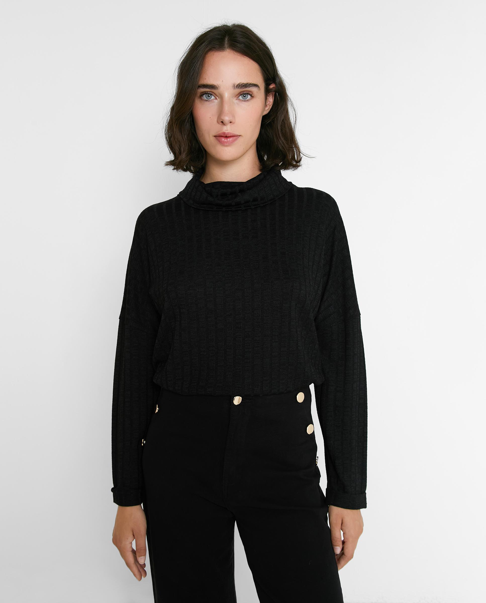 Camiseta de mujer en punto de canalé con cuello perkins - Trucco - Negro Negro-5