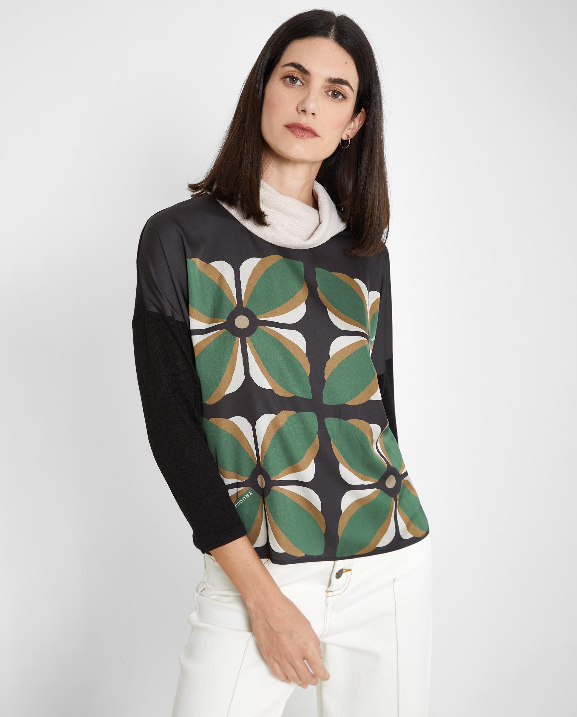 Camiseta de mujer con estampado floral y cuello vuelto - Trucco - Negro Negro-1