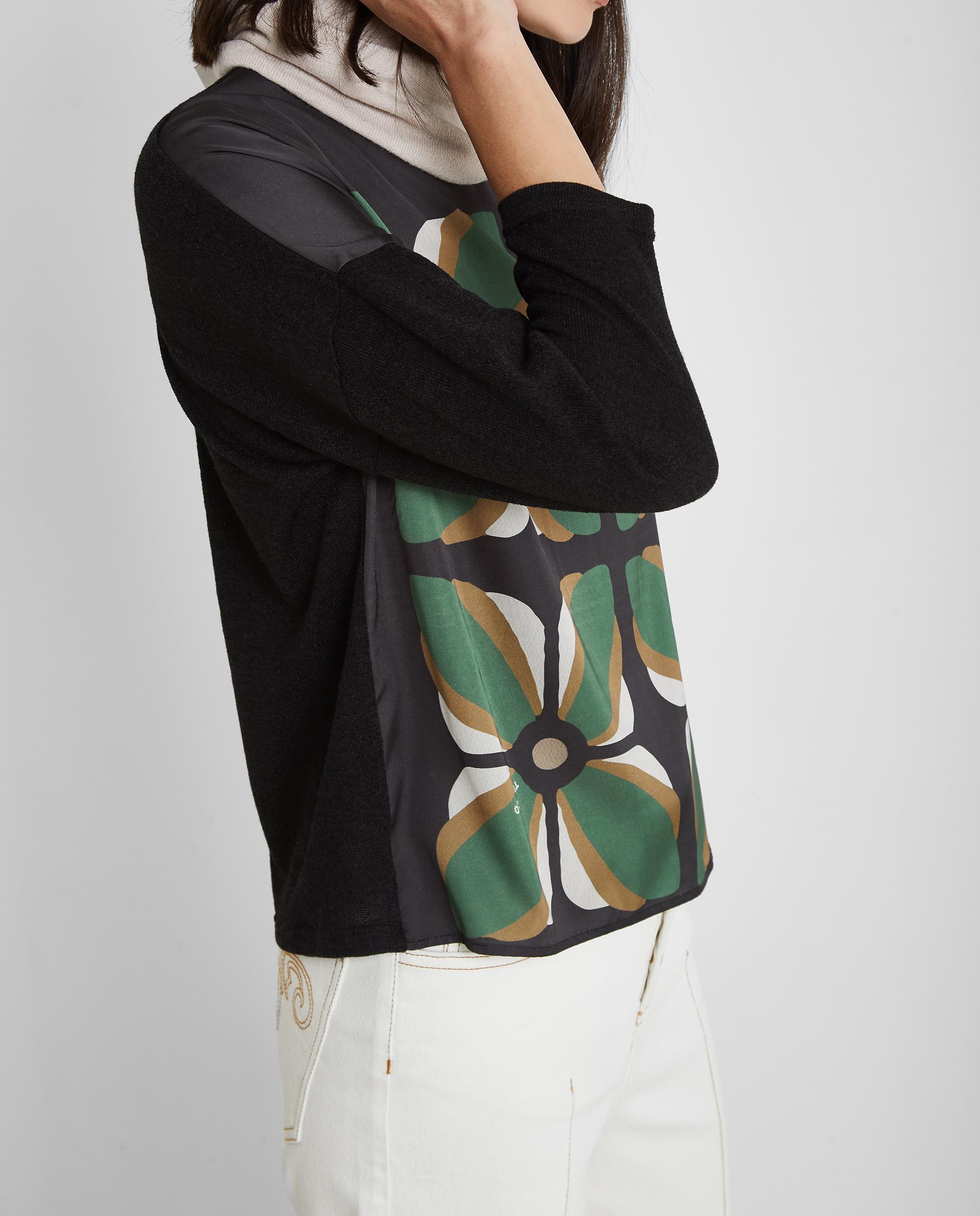 Camiseta de mujer con estampado floral y cuello vuelto - Trucco - Negro Negro-3