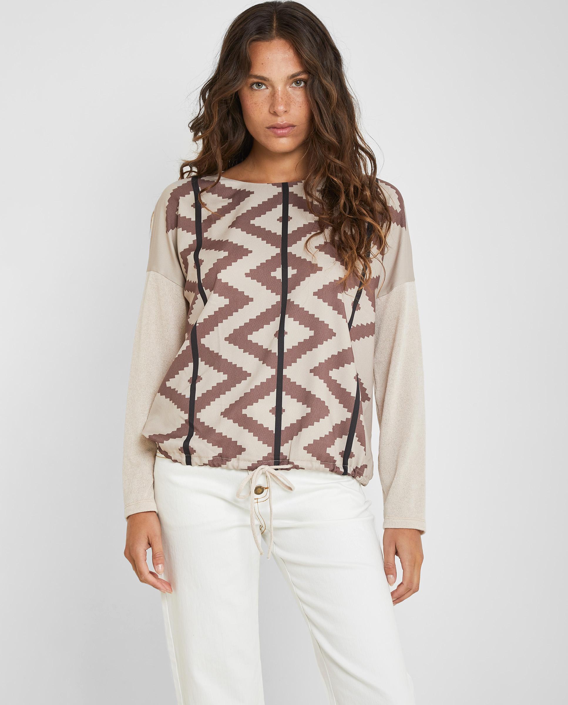 Camiseta de mujer de manga larga con estampado - Trucco - Beige/Marrón Beige/Marrón-1