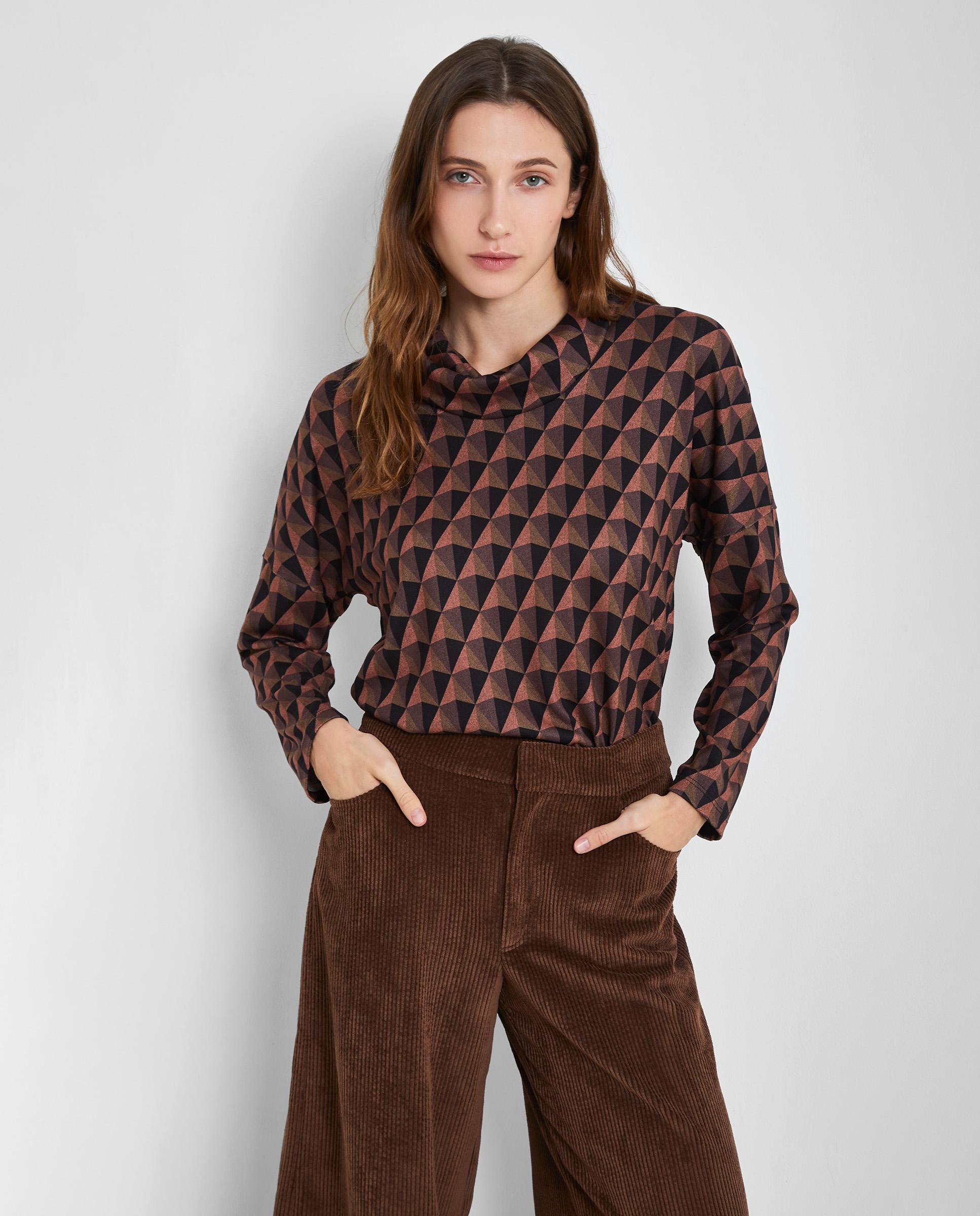 Jersey de mujer estampado con cuello pliegue - Trucco - Negro / Naranja Negro / Naranja-1