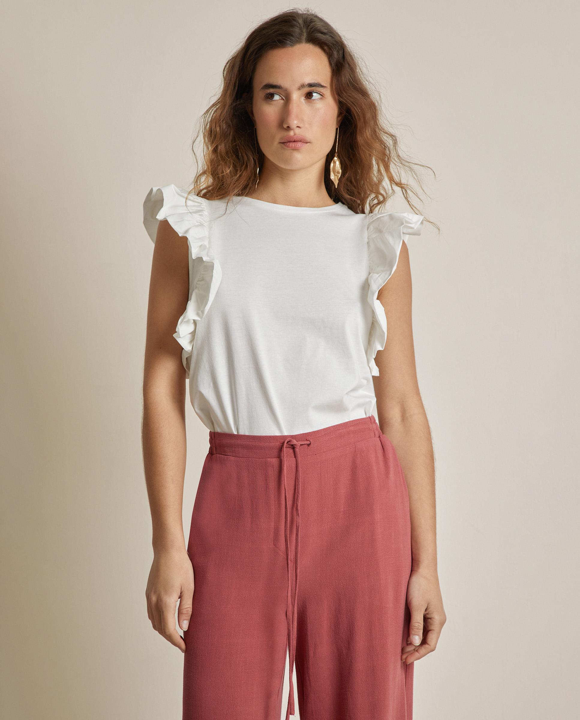 Camiseta de mujer 100% algodón con manga con volantes - Trucco - Blanco Blanco-1