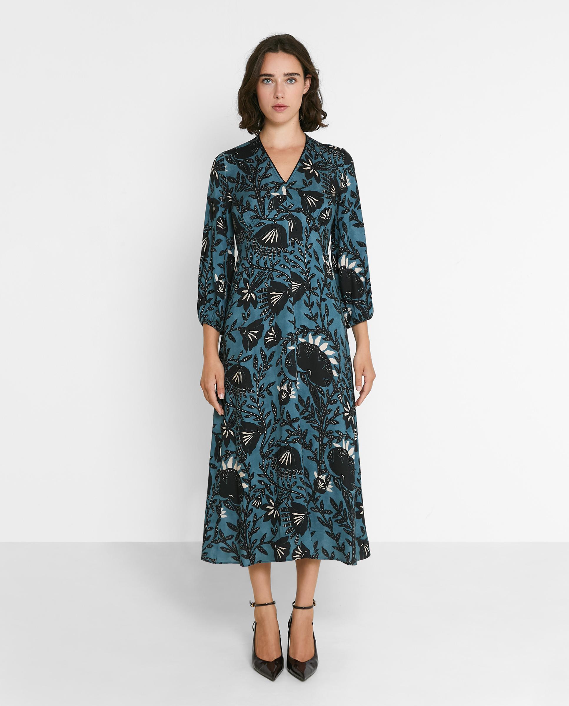 Vestido midi estampado con cuello pico - Trucco - Azul índigo Azul índigo-1