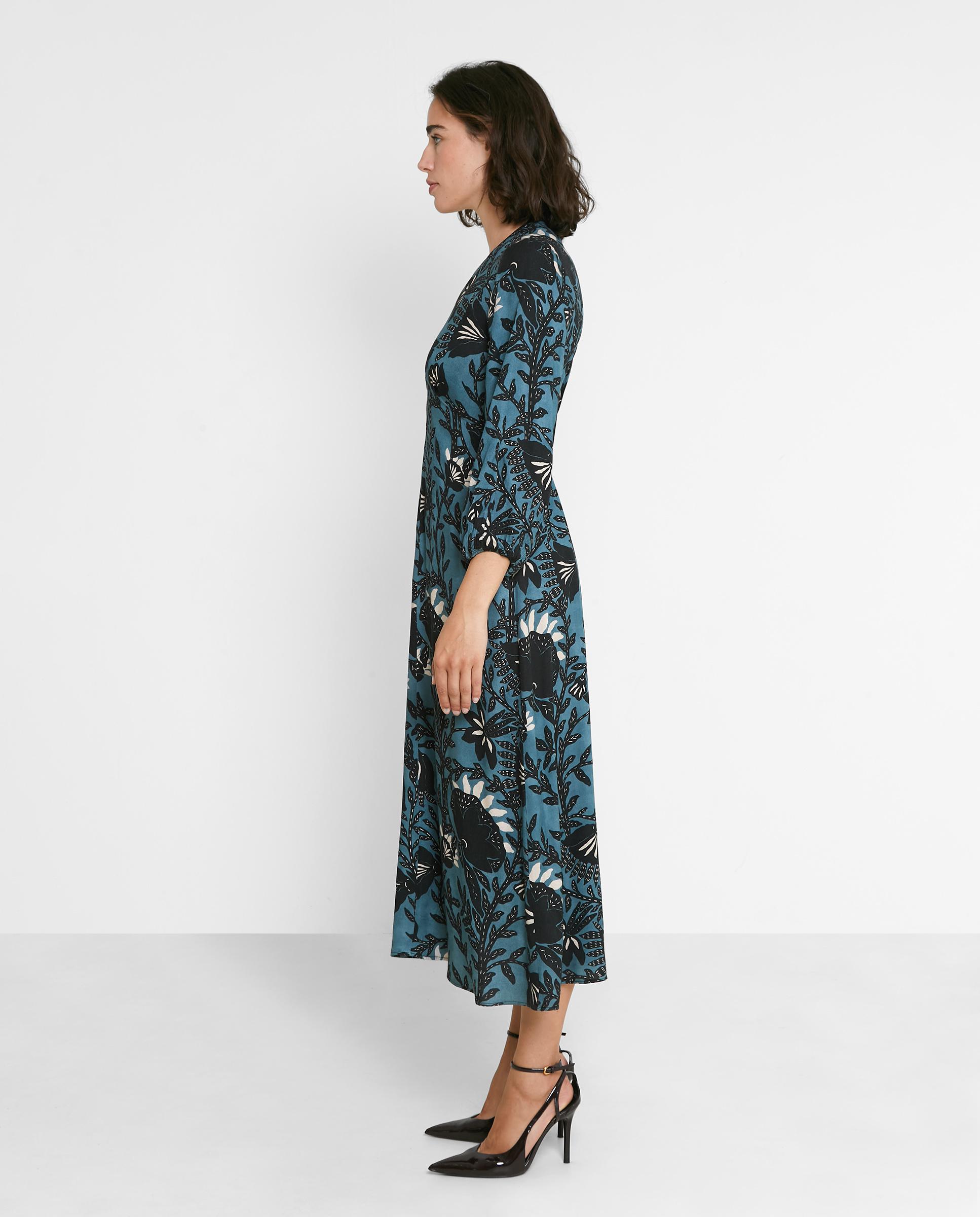 Vestido midi estampado con cuello pico - Trucco - Azul índigo Azul índigo-2