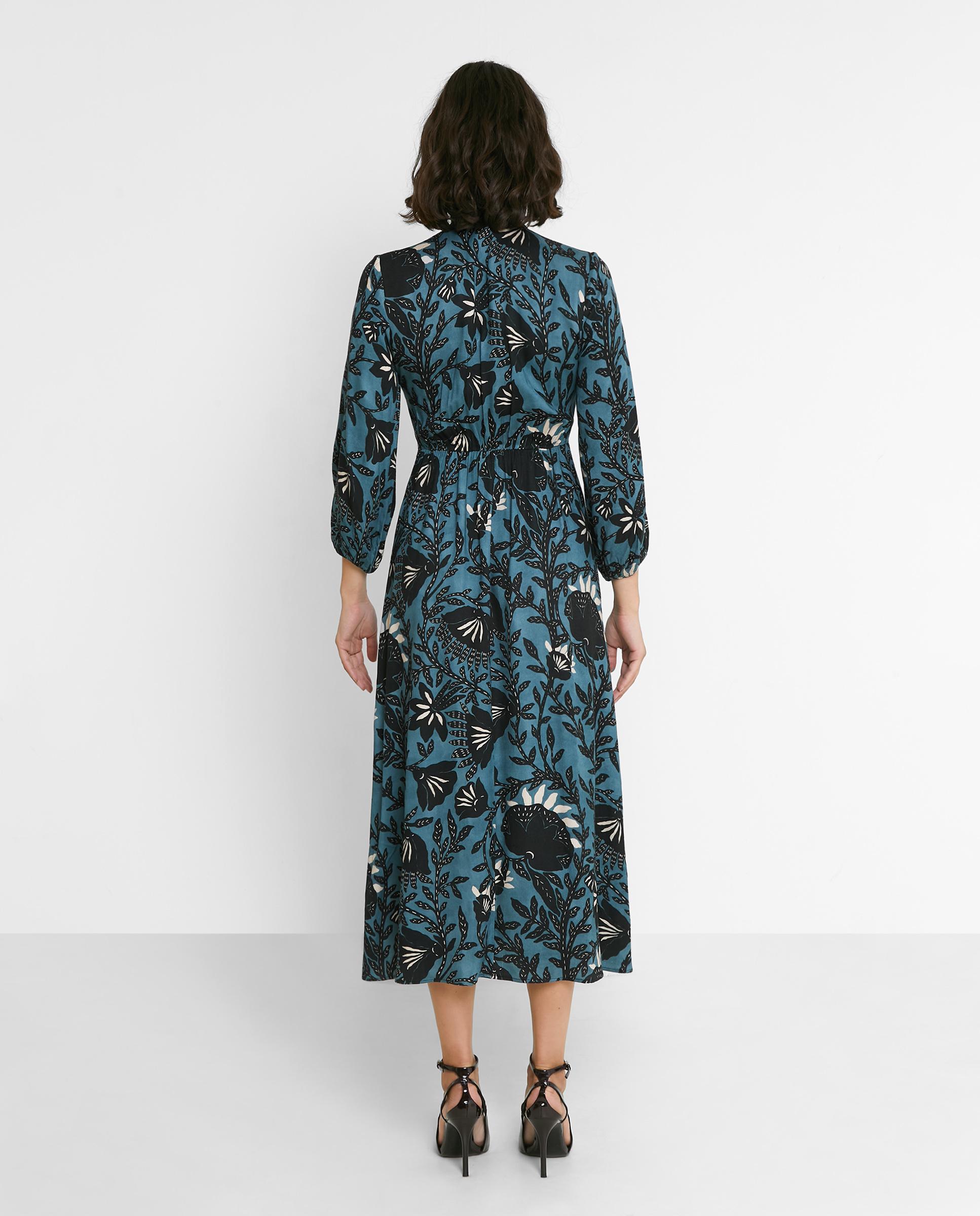 Vestido midi estampado con cuello pico - Trucco - Azul índigo Azul índigo-3