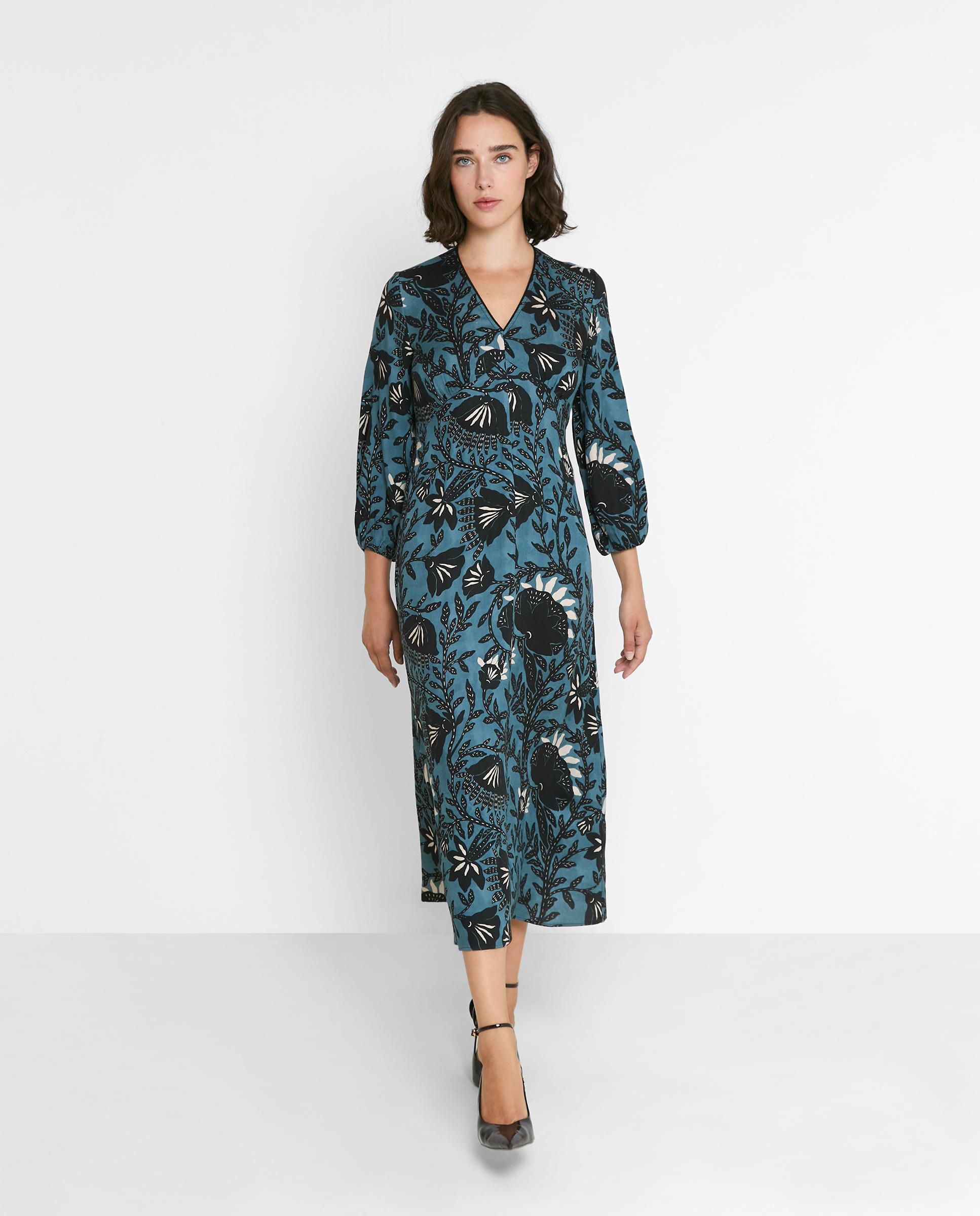 Vestido midi estampado con cuello pico - Trucco - Azul índigo Azul índigo-4