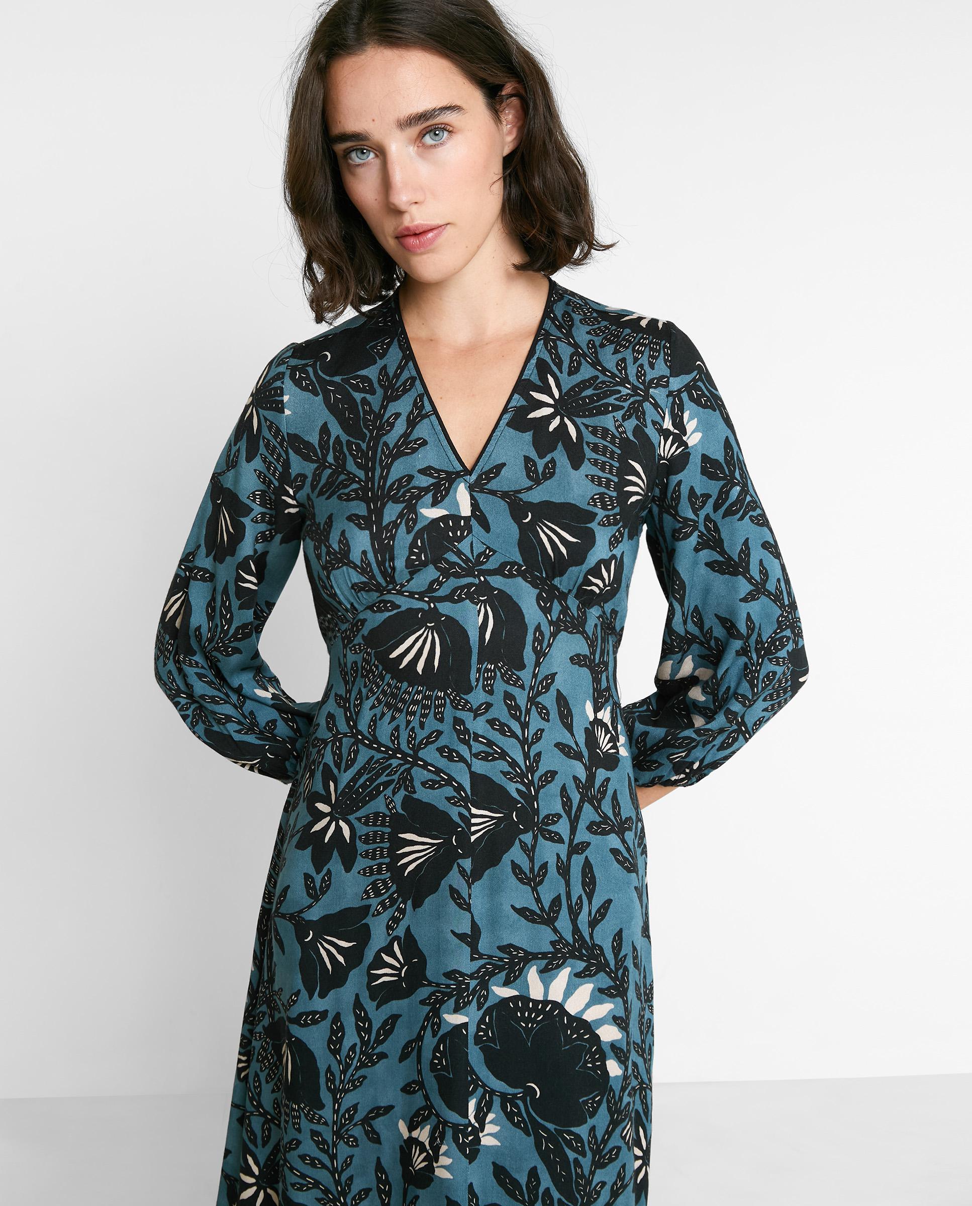 Vestido midi estampado con cuello pico - Trucco - Azul índigo Azul índigo-5