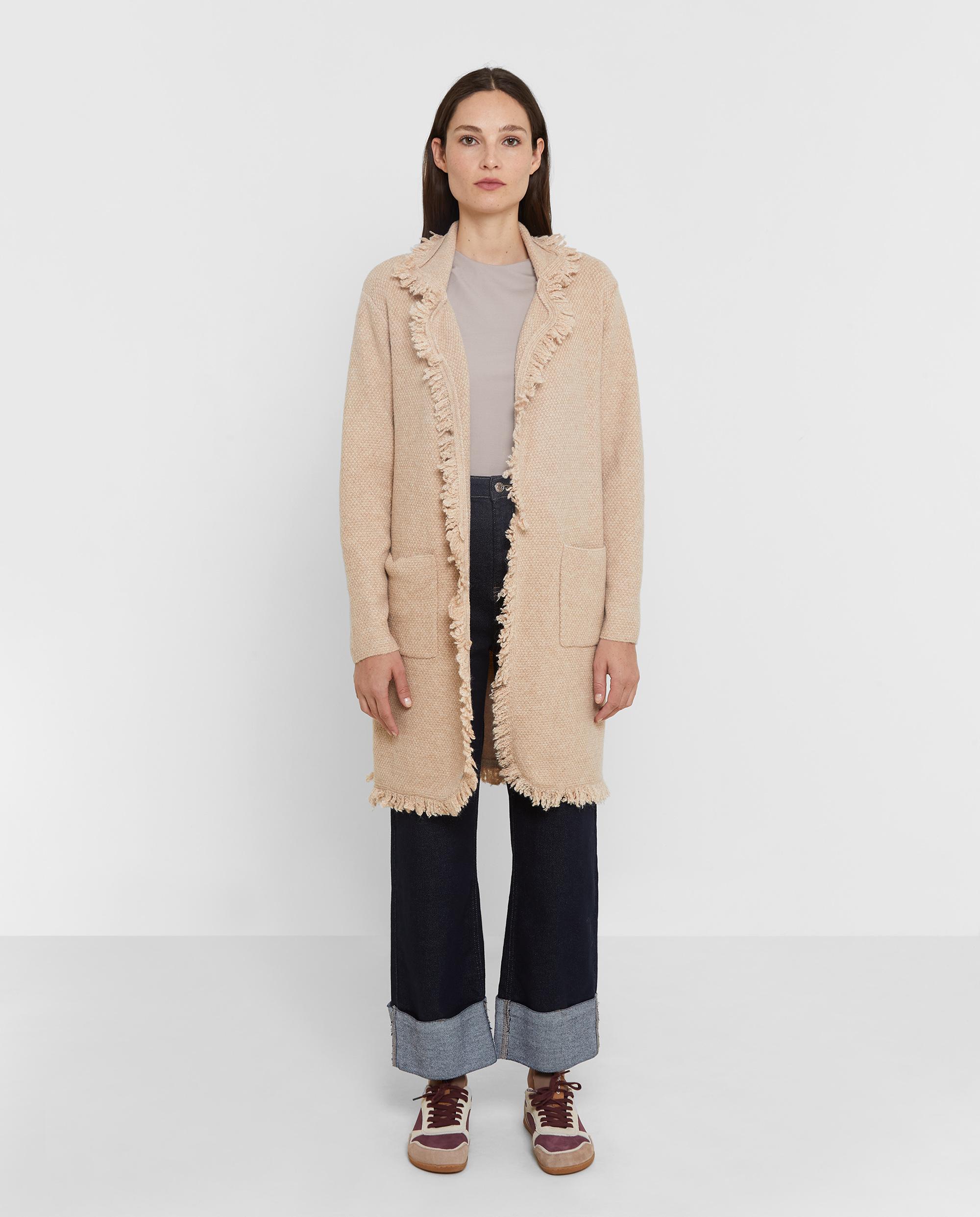 Cárdigan de mujer largo con detalle de bordes deshilachados - Trucco - Beige Beige-1