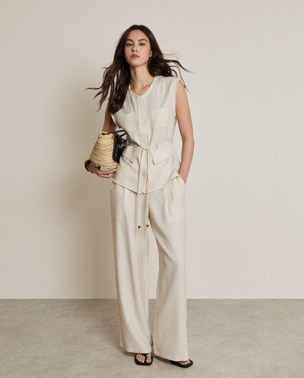 Pantalones anchos de mujer con cintura elástica y pinzas - Trucco - Crudo Crudo-1