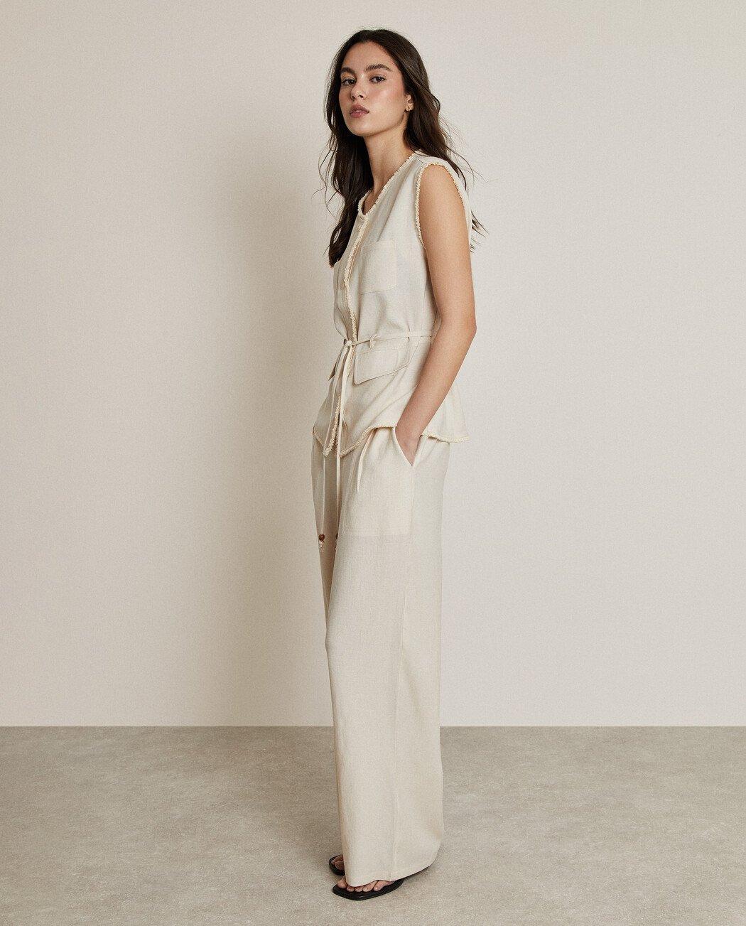 Pantalones anchos de mujer con cintura elástica y pinzas - Trucco - Crudo Crudo-2