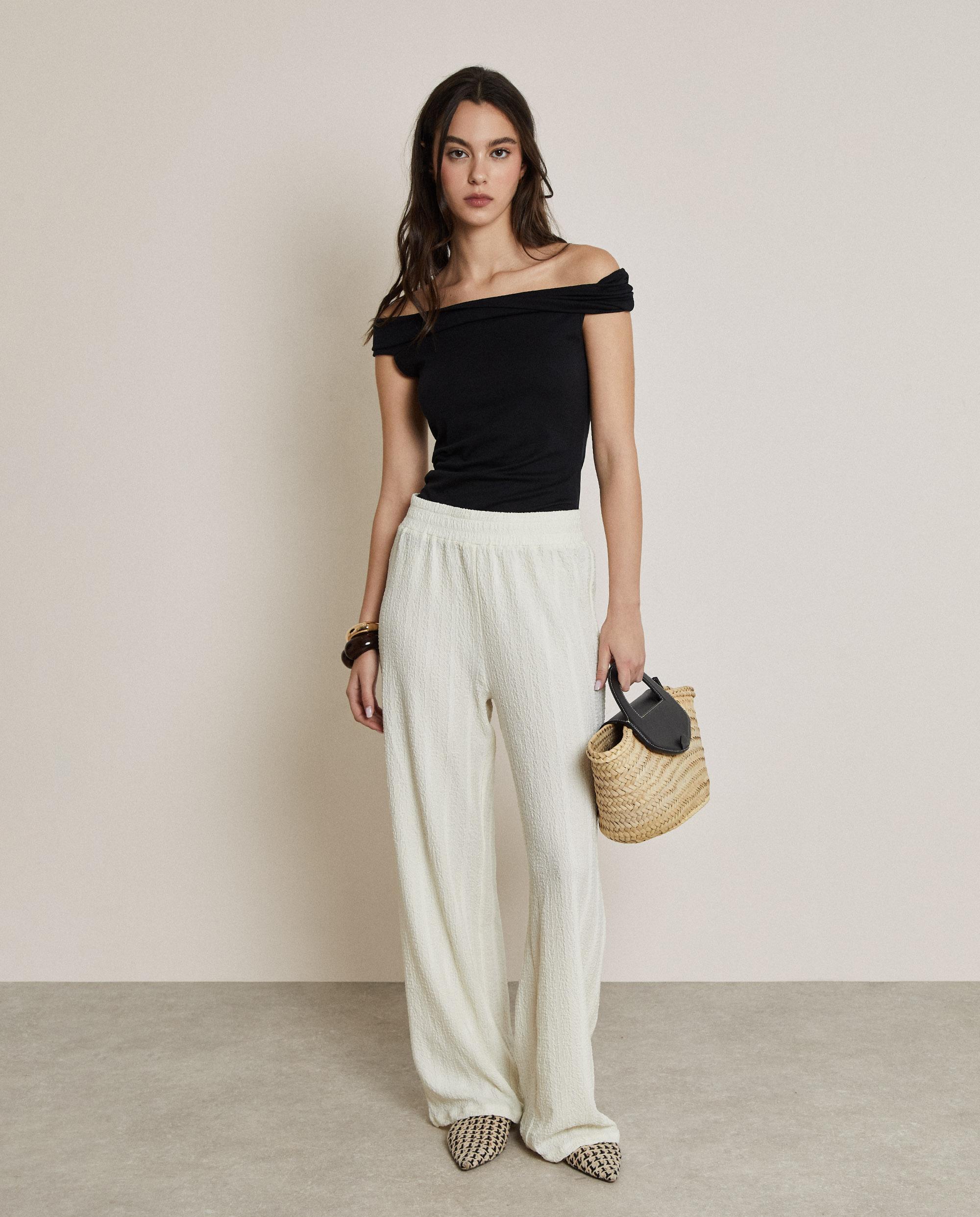Pantalones anchos de mujer con textura y cintura elástica - Trucco - Blanco Blanco-1