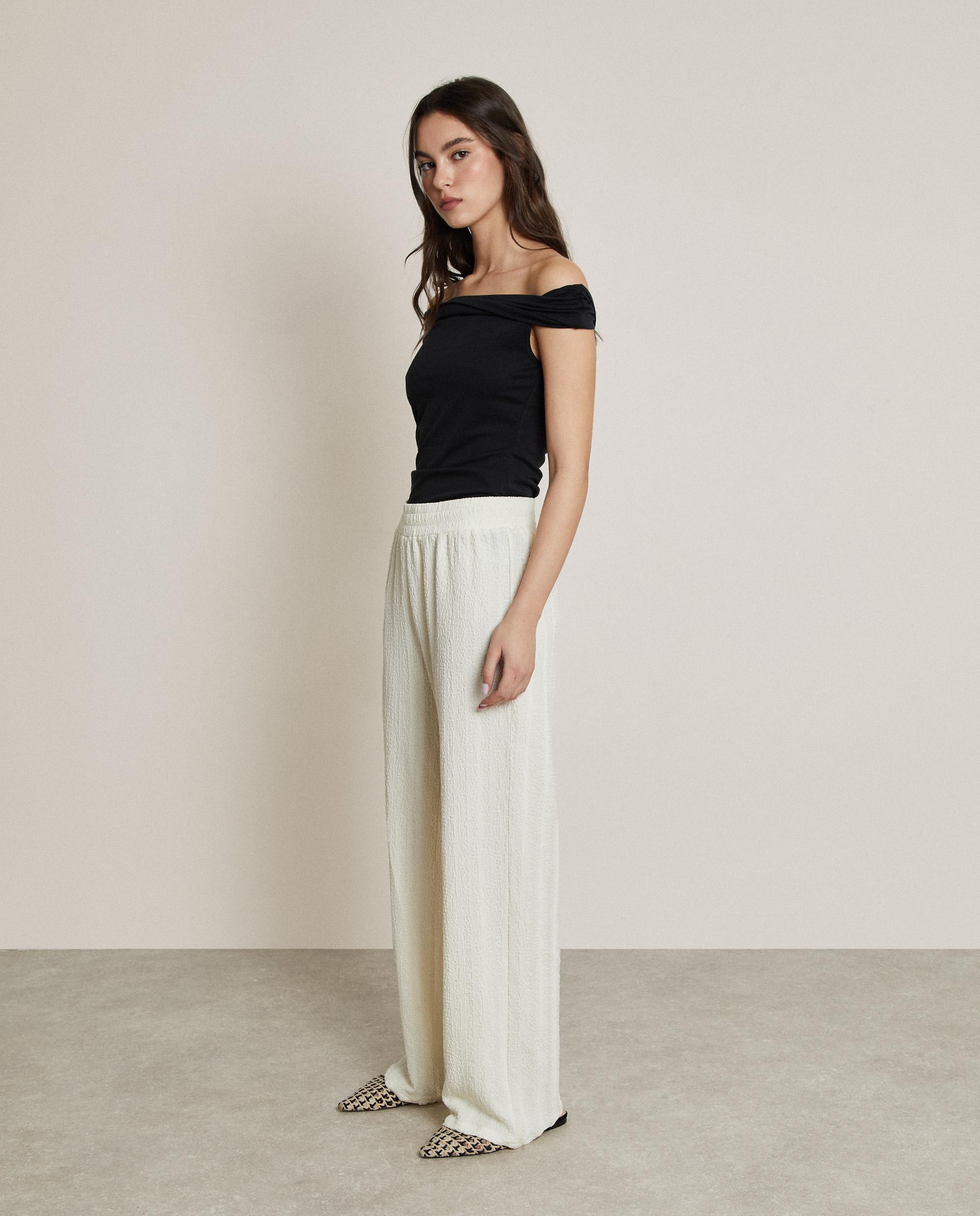 Pantalones anchos de mujer con textura y cintura elástica - Trucco - Blanco Blanco-2