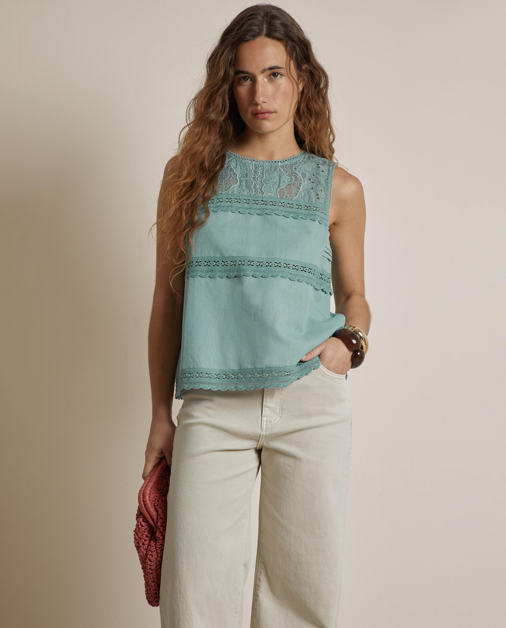 Top de mujer de lino y algodón con bordados - Trucco - Verde Agua Verde Agua-1