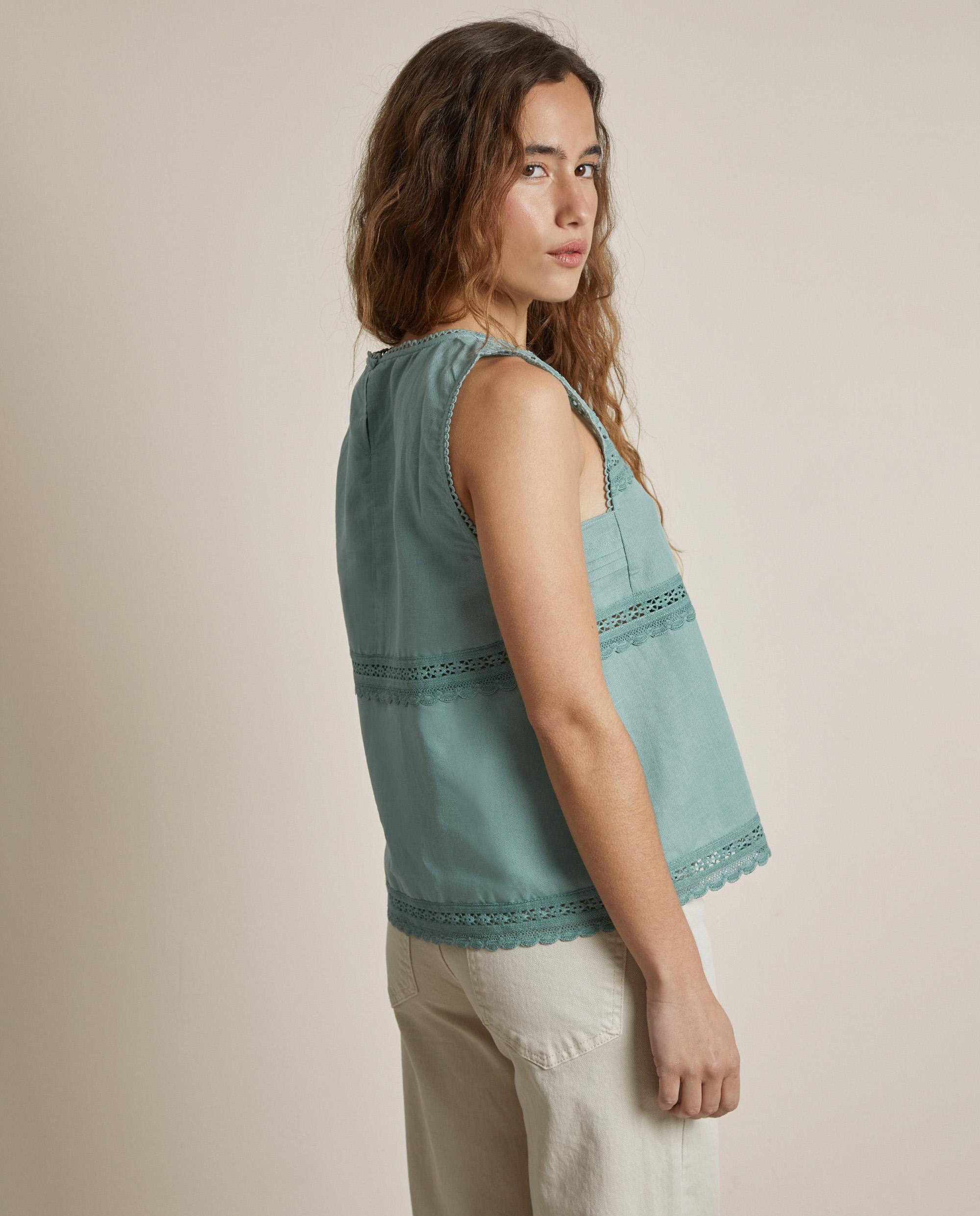 Top de mujer de lino y algodón con bordados - Trucco - Verde Agua Verde Agua-3