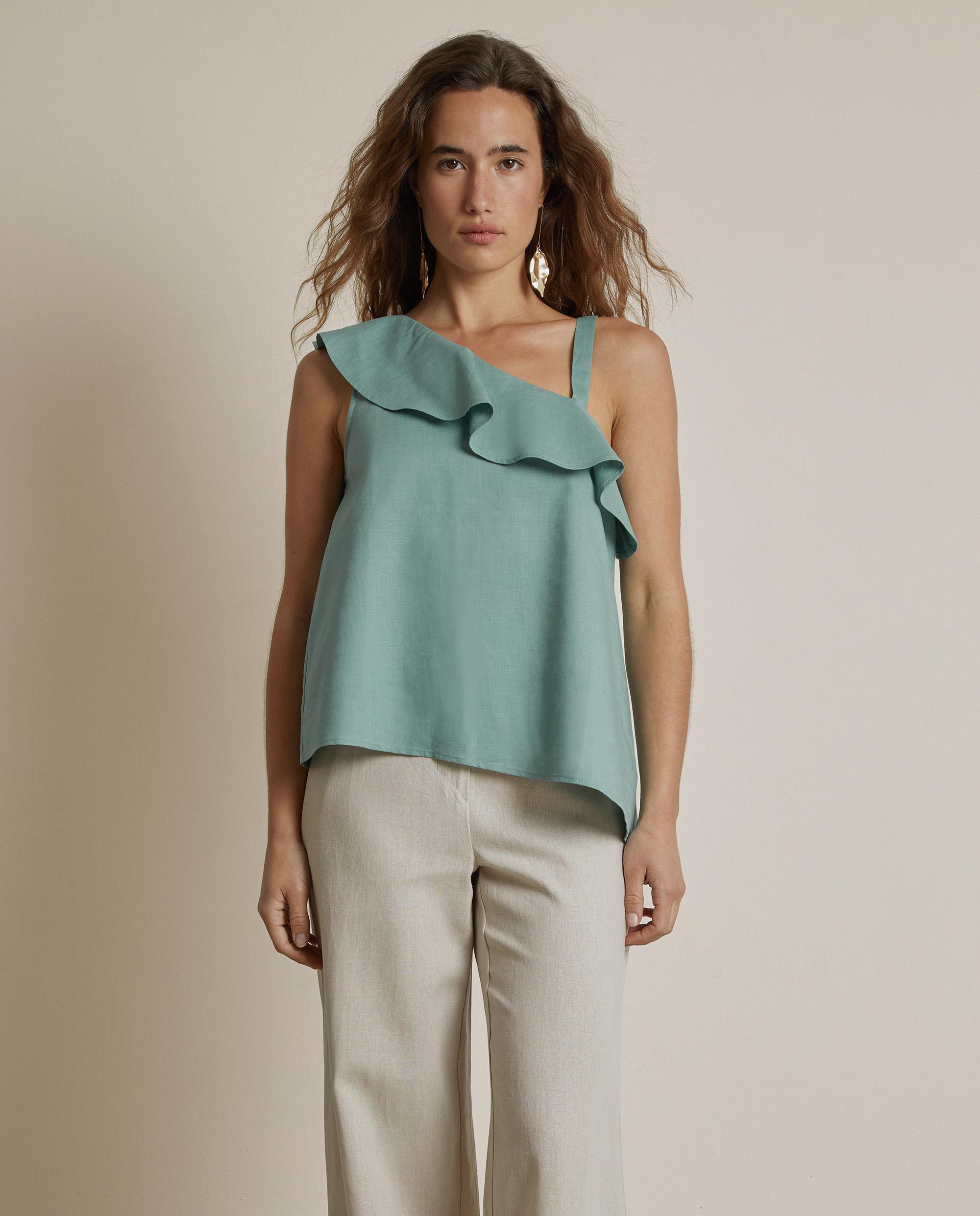 Blusa de mujer de algodón y lino con volante - Trucco - Verde Agua Verde Agua-1
