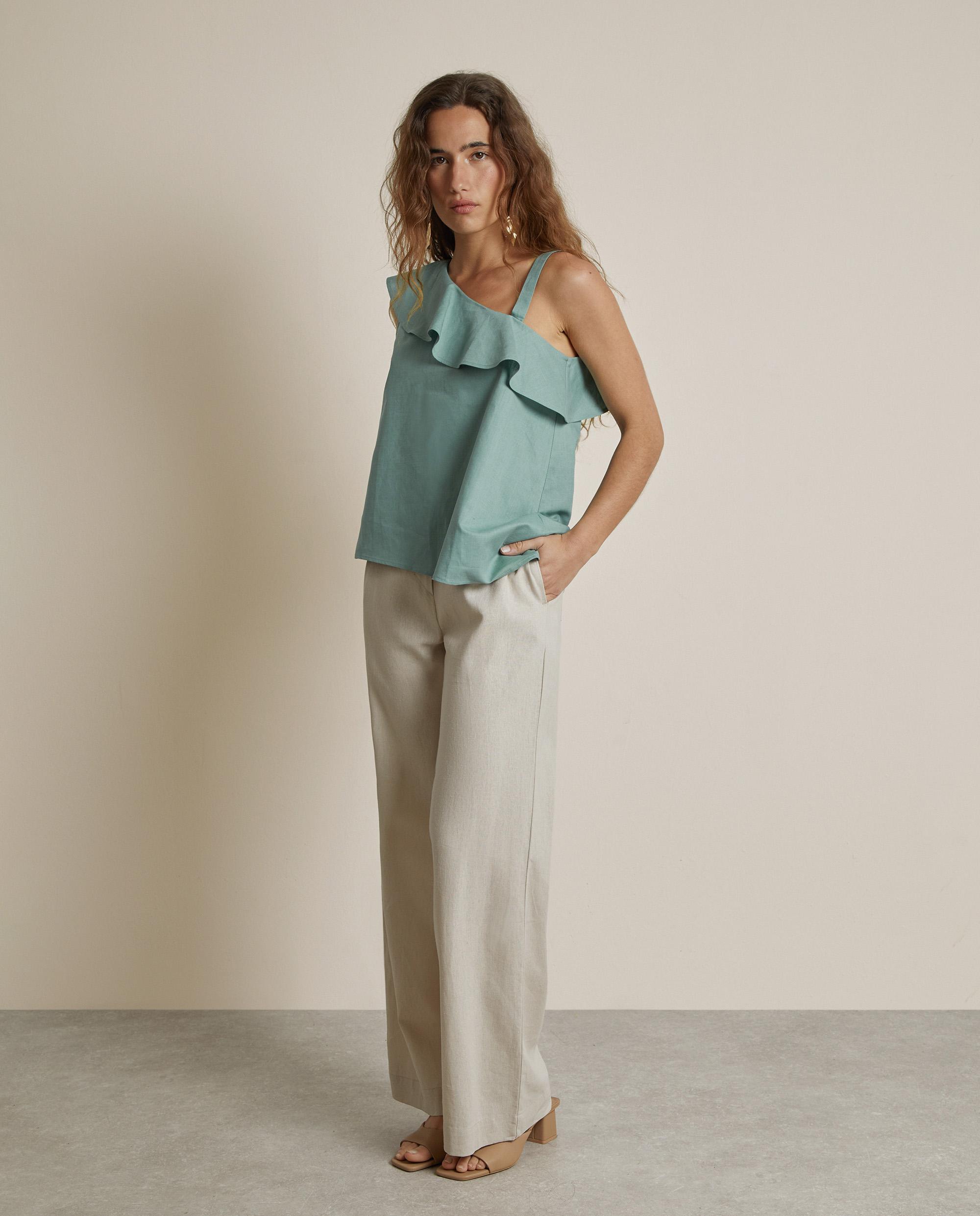 Blusa de mujer de algodón y lino con volante - Trucco - Verde Agua Verde Agua-2