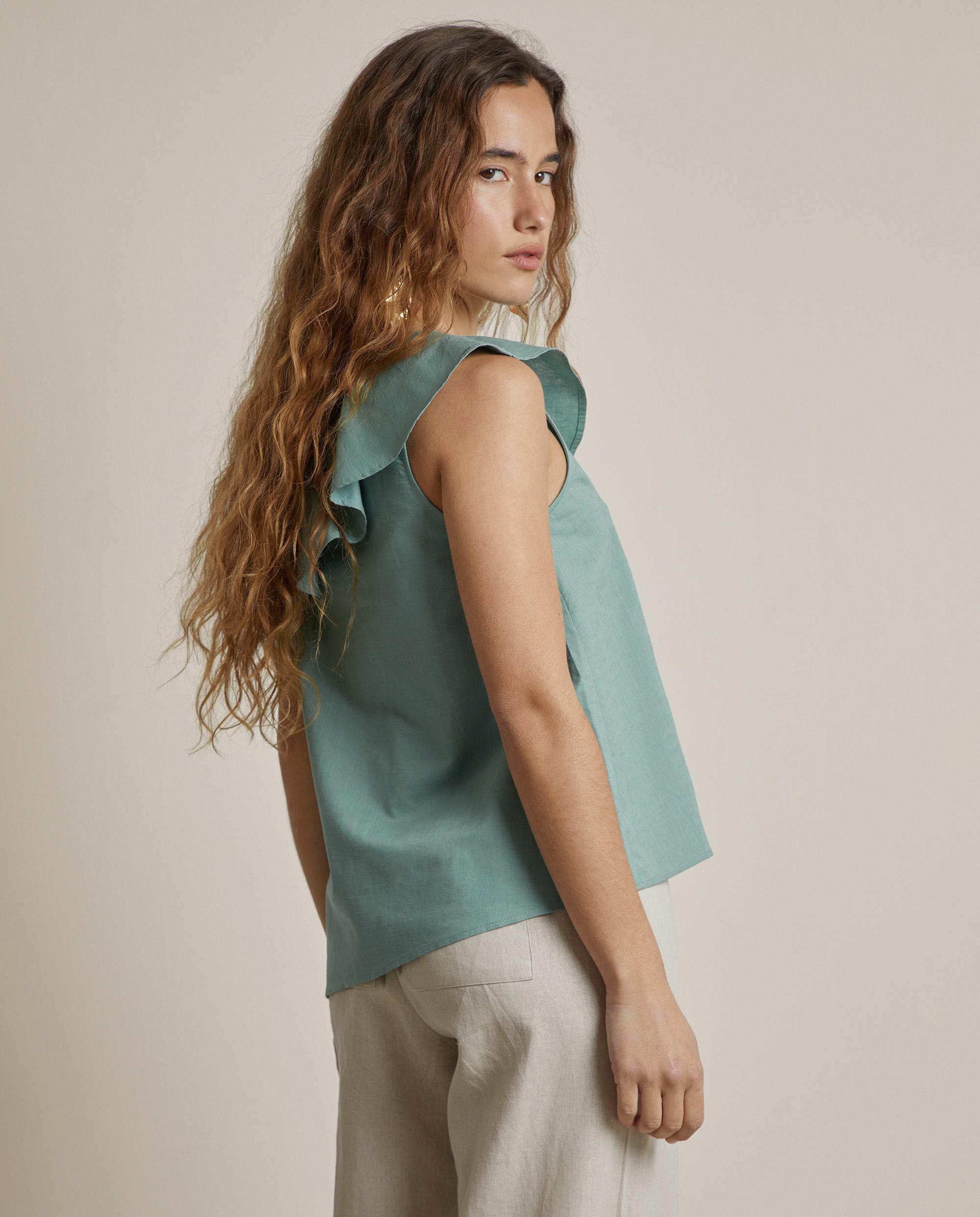 Blusa de mujer de algodón y lino con volante - Trucco - Verde Agua Verde Agua-3