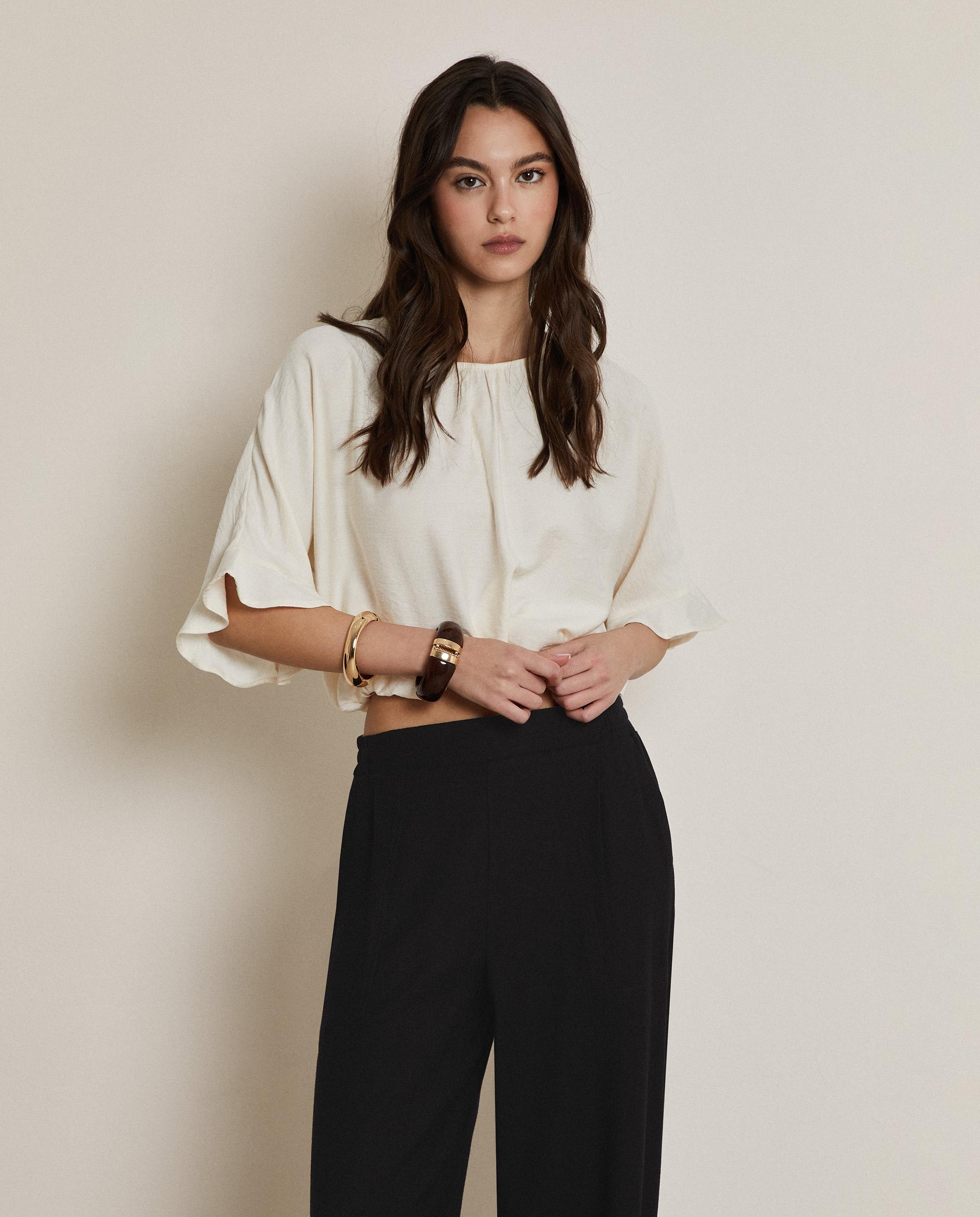 Blusa de mujer corta con fruncido en la cintura - Trucco - Blanco Blanco-1
