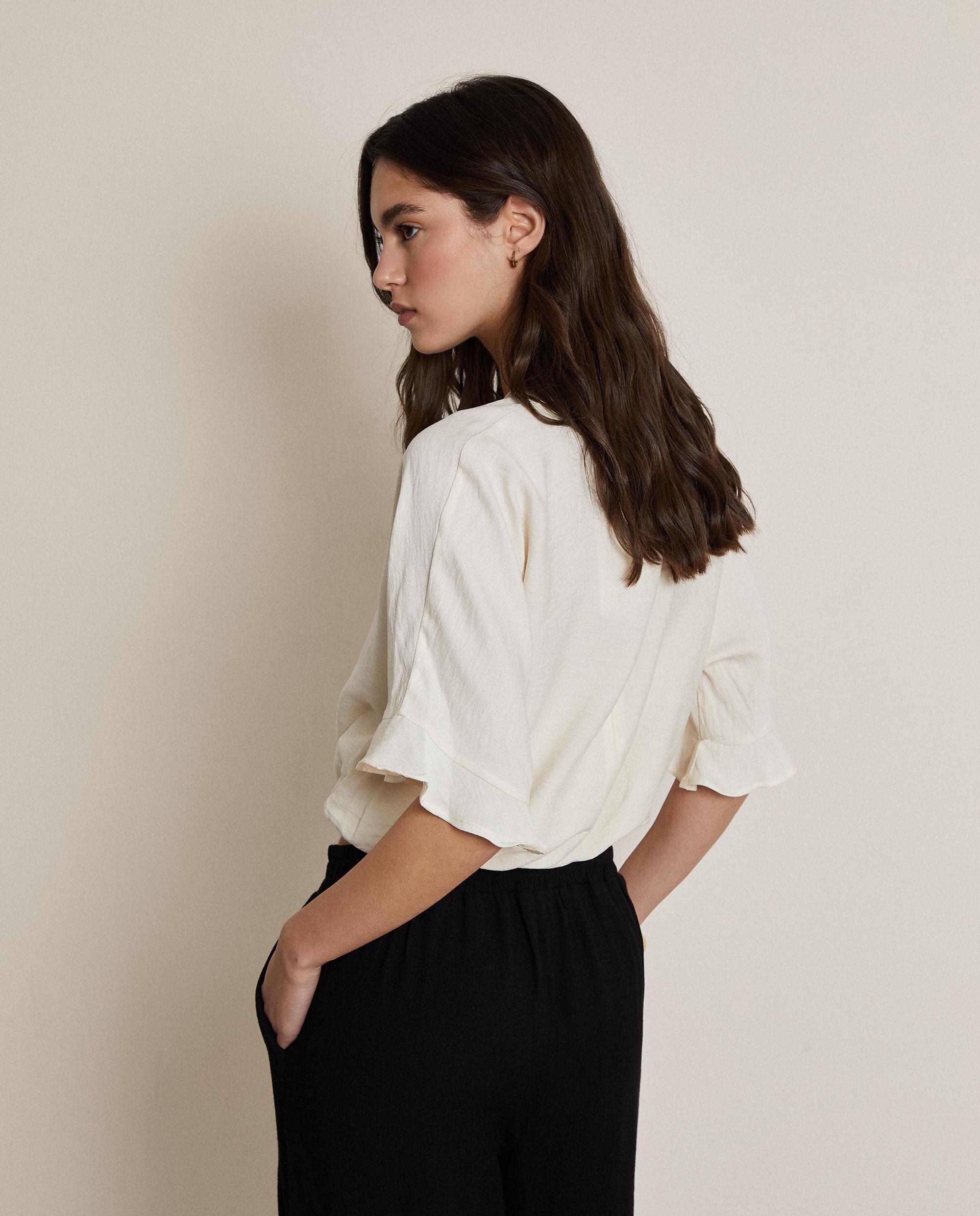 Blusa de mujer corta con fruncido en la cintura - Trucco - Blanco Blanco-2