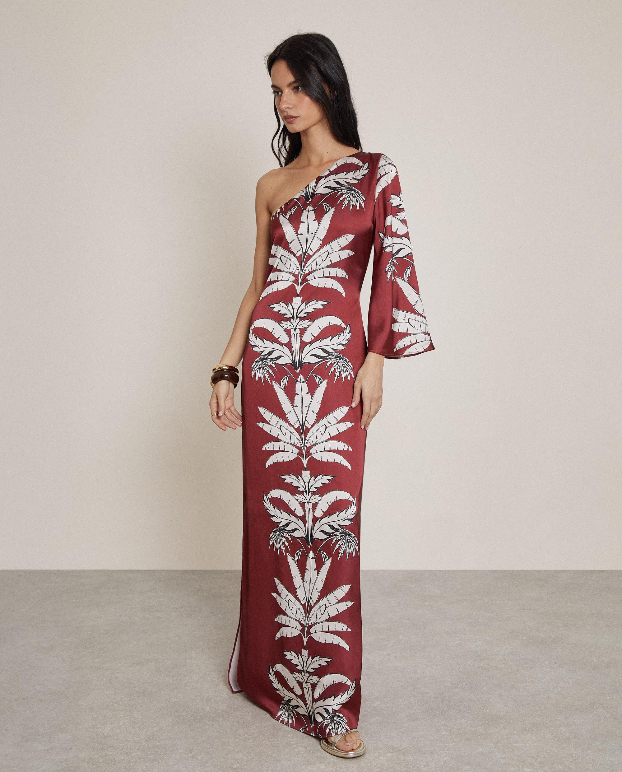 Vestido largo estampado con escote asimétrico - Trucco - Burdeos Burdeos-2