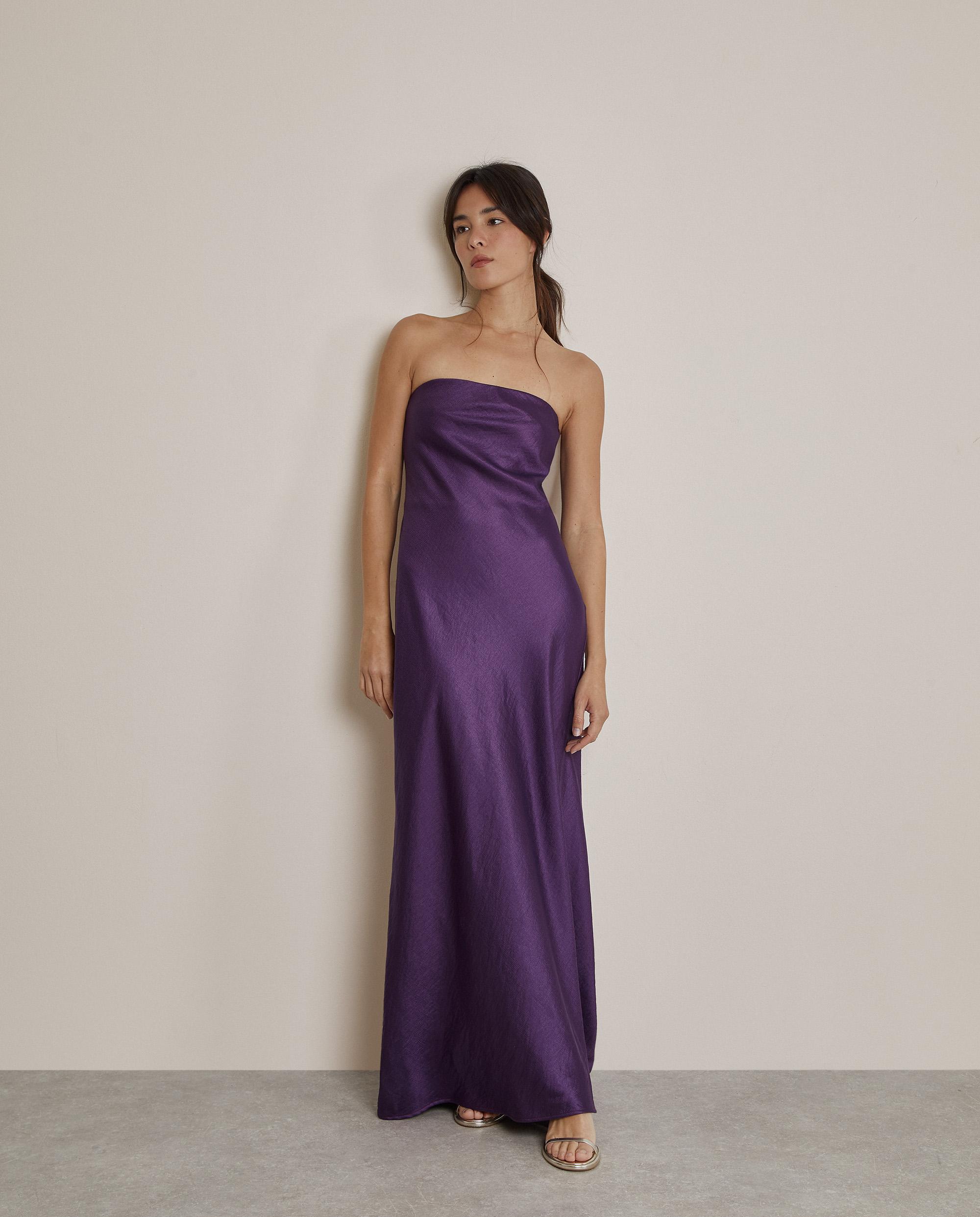 Vestido largo con brillo y escote palabra de honor - Trucco - Morado Morado-1