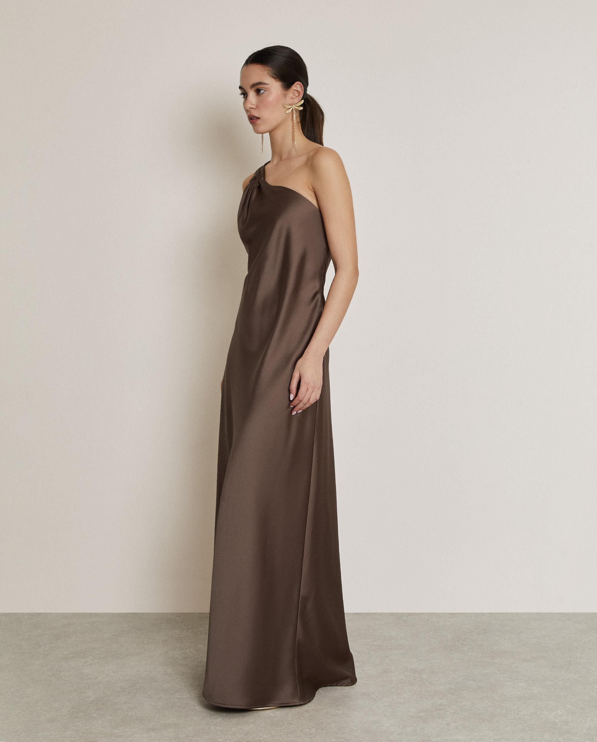 Imagen 2 de Vestido largo satinado con escote asimétrico - Trucco - Bronce metalizado Bronce metalizado