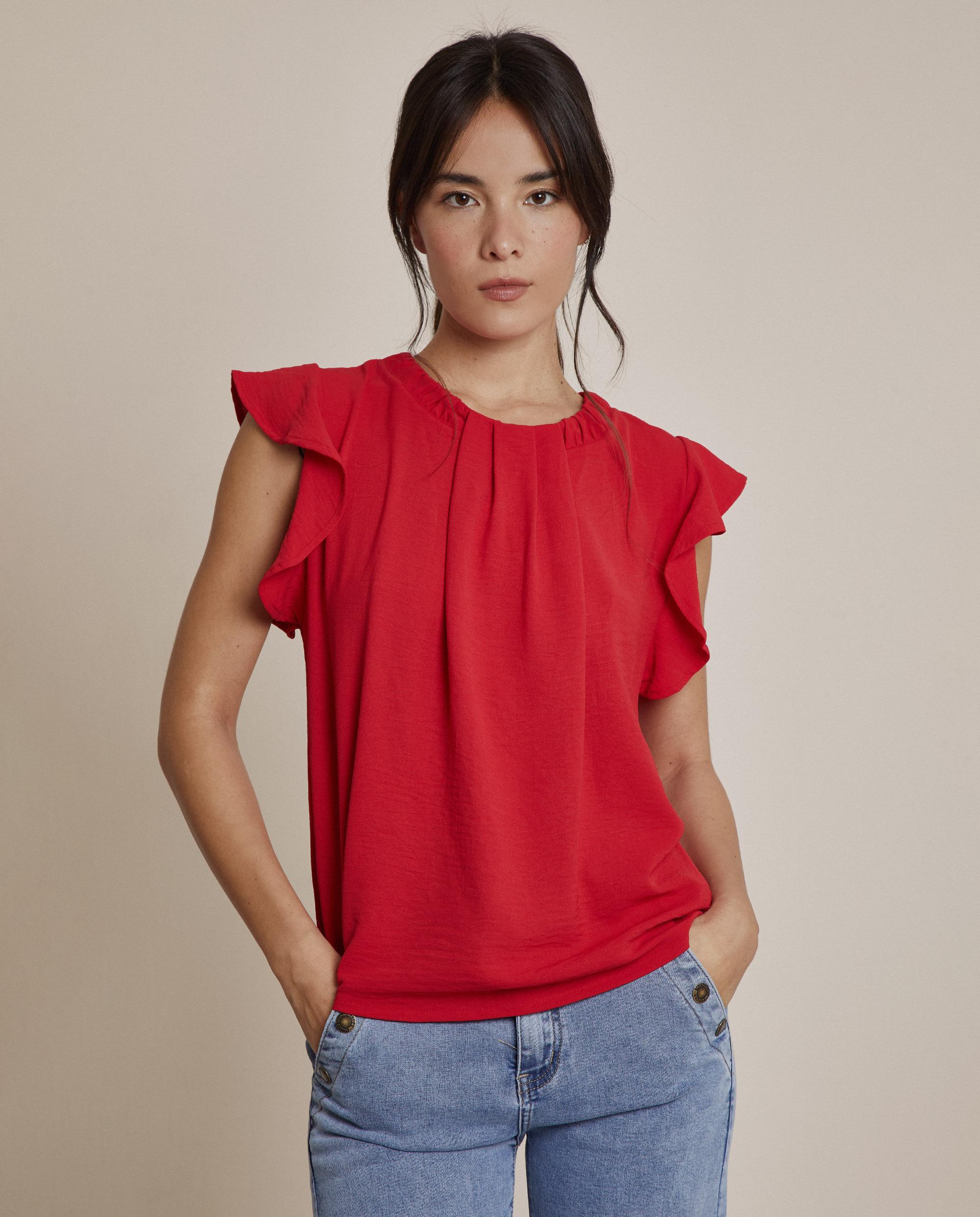Blusa de mujer con volantes en las mangas y cuello redondo - Trucco - Rojo Rojo-1
