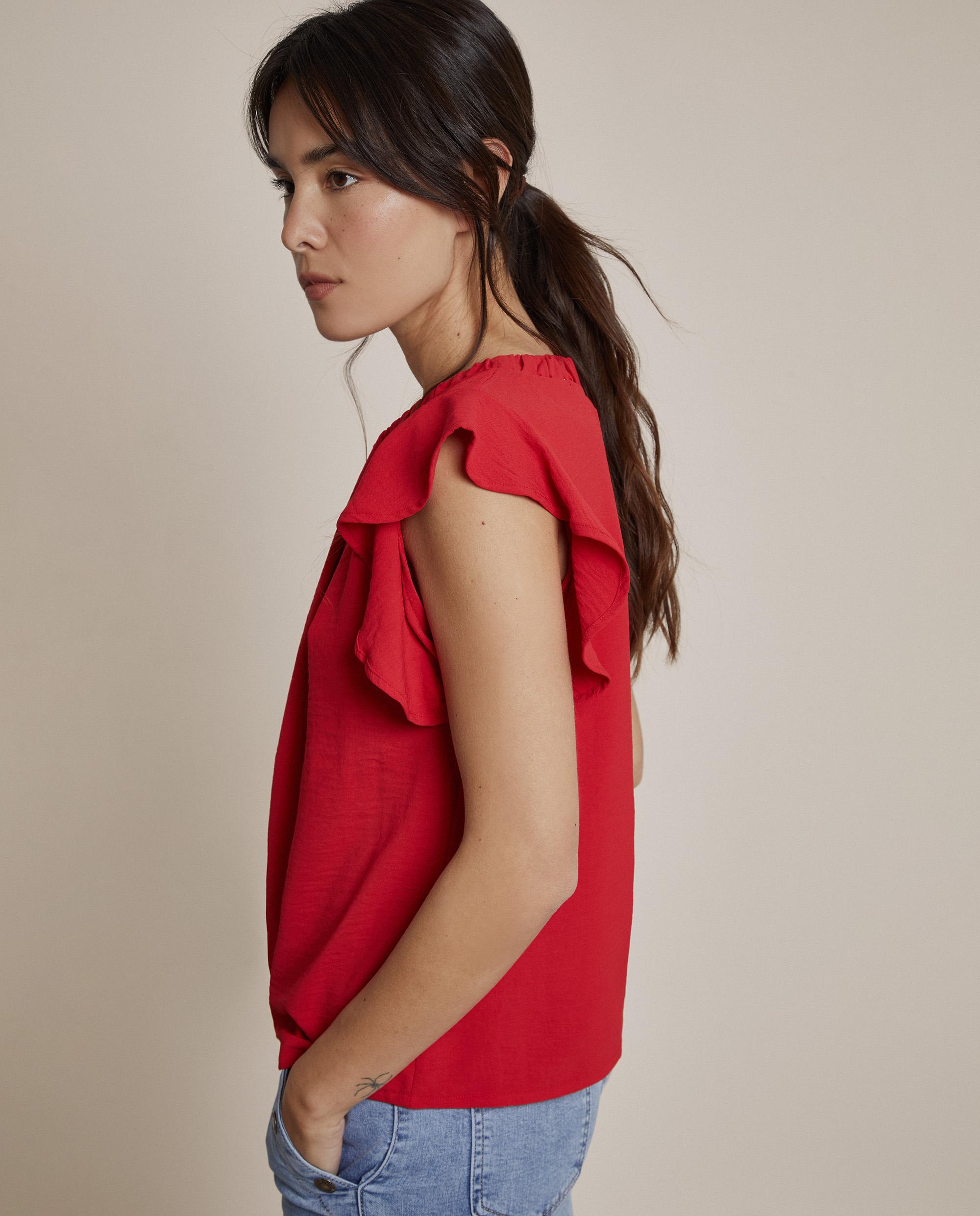 Blusa de mujer con volantes en las mangas y cuello redondo - Trucco - Rojo Rojo-2