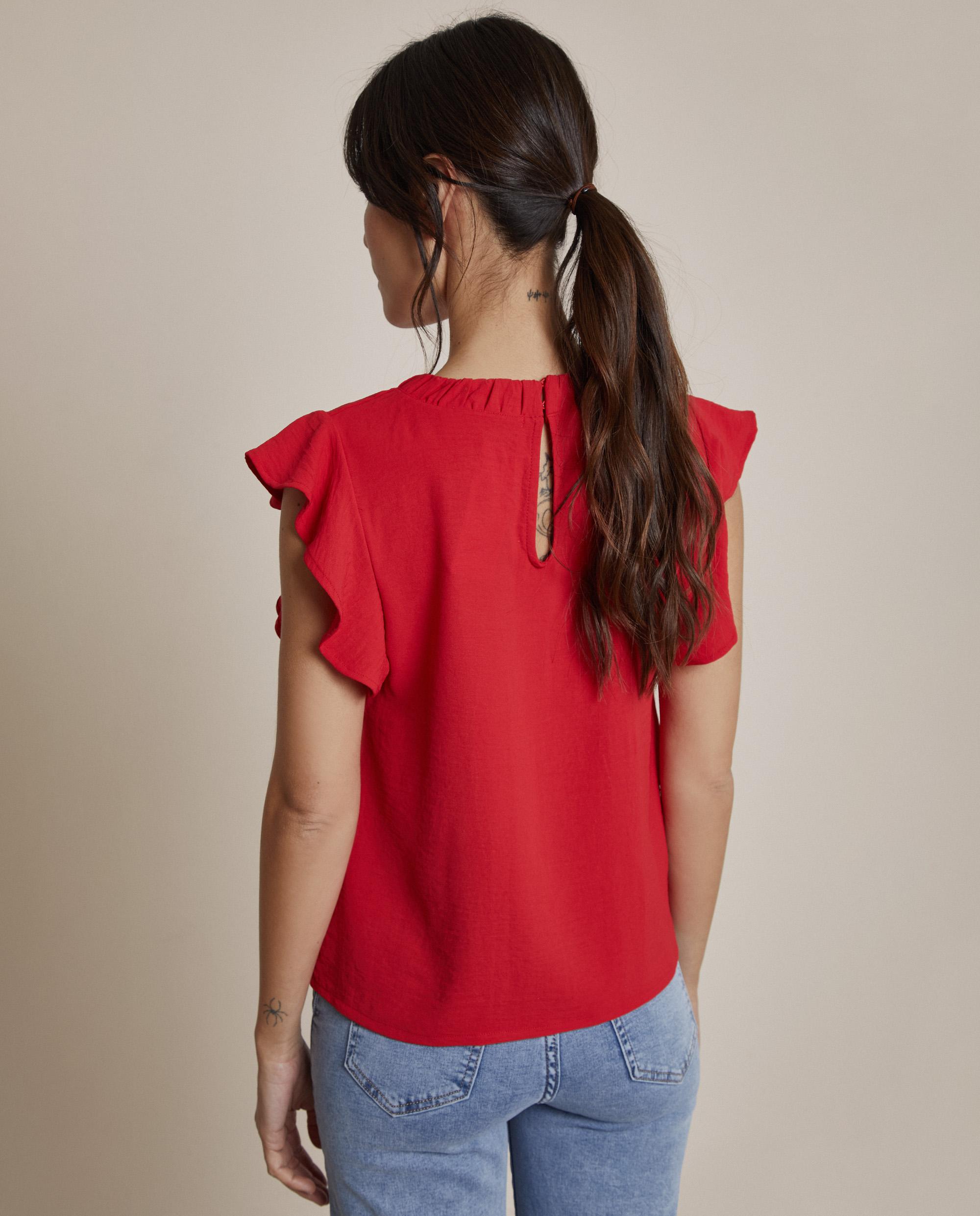 Blusa de mujer con volantes en las mangas y cuello redondo - Trucco - Rojo Rojo-3